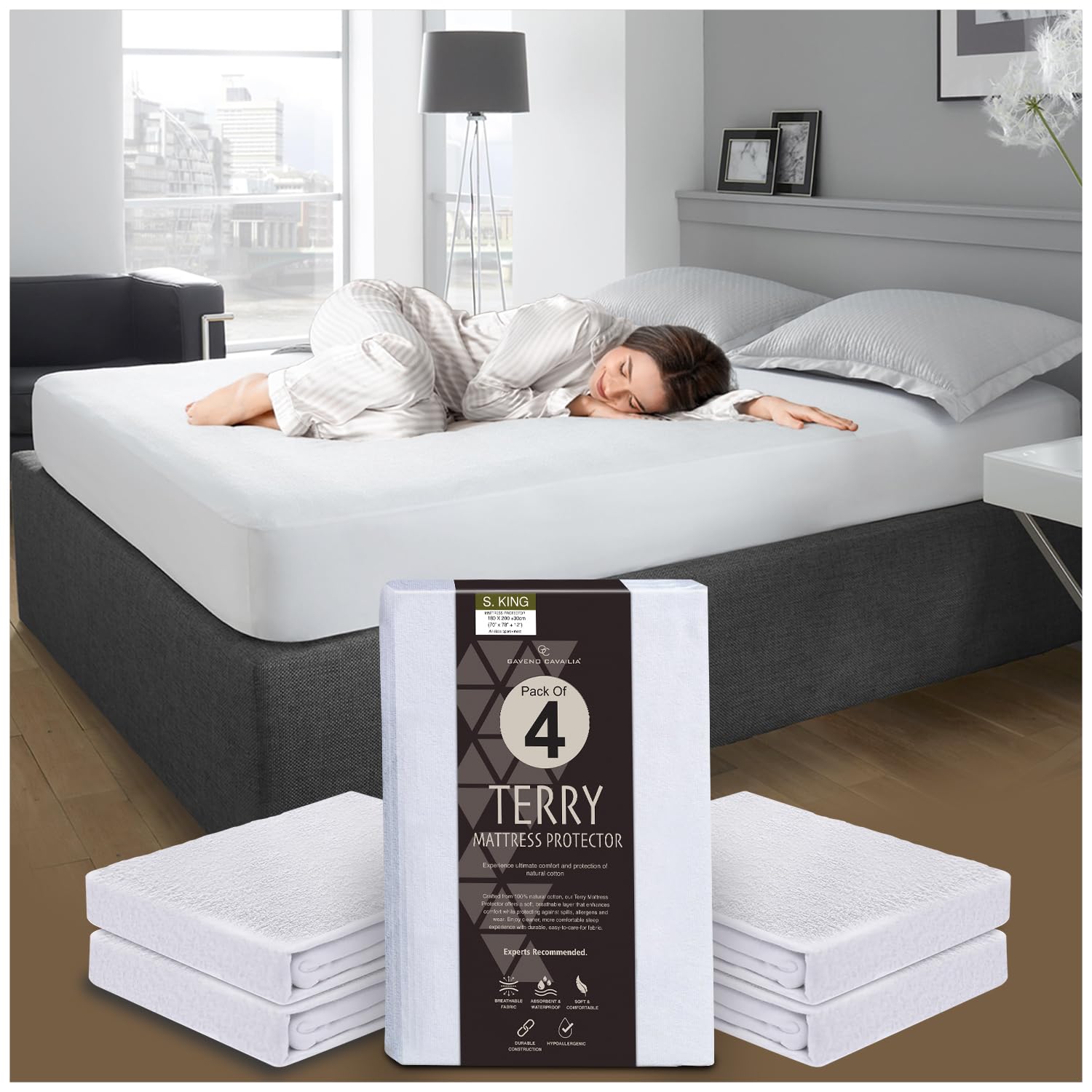 GC GAVENO CAVAILIA 4-Pack Terry Towelling Mattress Cover - 30cm Super King Mattress Protector - Waterproof Mattress Protector - Breathable & Easy Care Mattress Cover, (203 x 182cm) - White