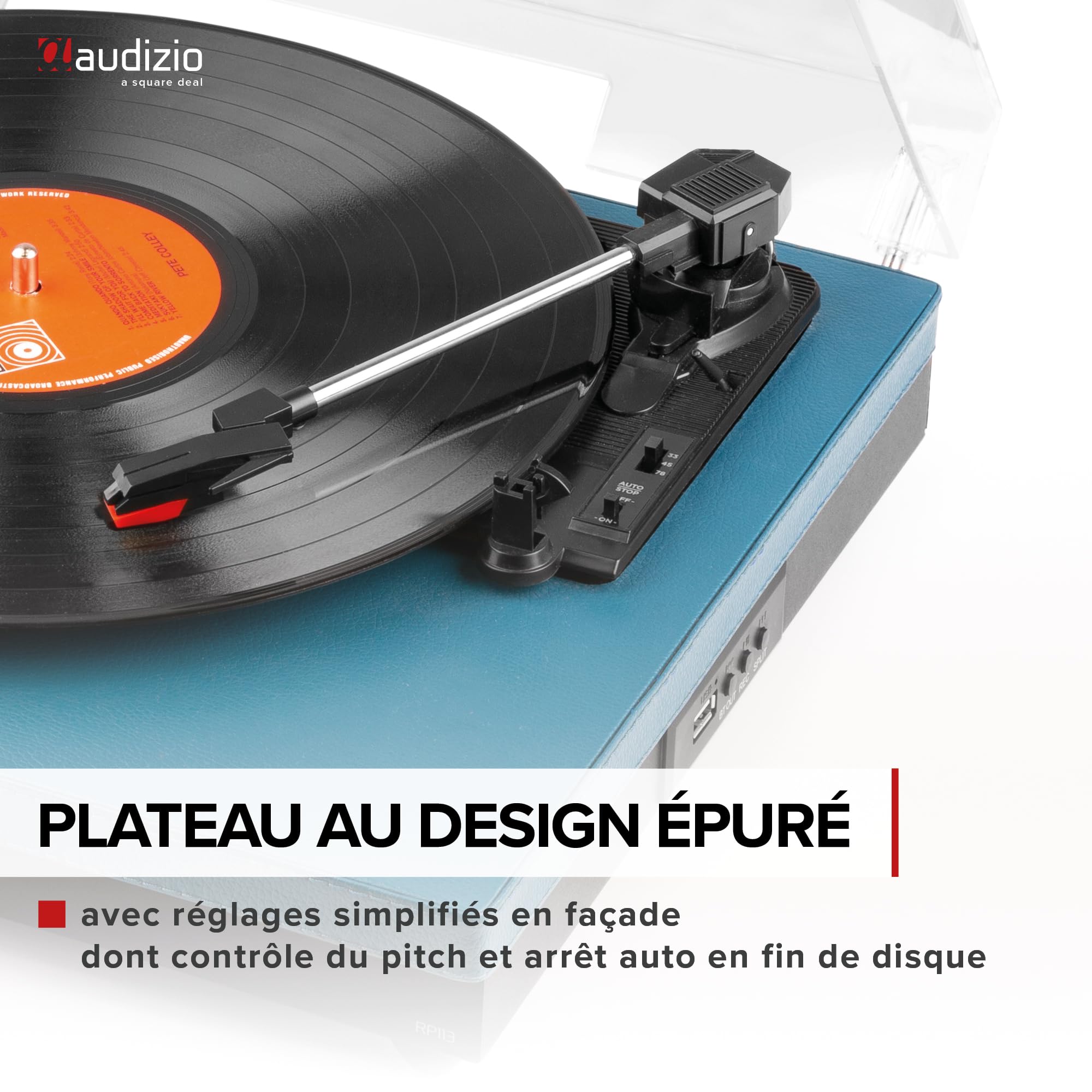 Audizio RP113D Platine Vinyle Bluetooth avec Haut-Parleurs Intégrés - Cuir Bleu Foncé, 33, 45 et 78 Tours, Émetteur Bluetooth, Une Platine Idéale pour Décorer et Écouter Vos Vinyles