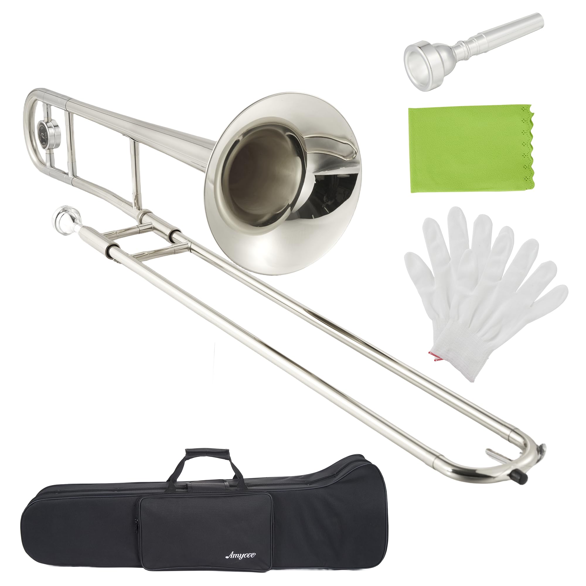 B Flat Alto Trombone, Brass Trombone with Nickel Plated Finish, Includes Mouthpiece, Case, Cleaning Cloth, Gloves