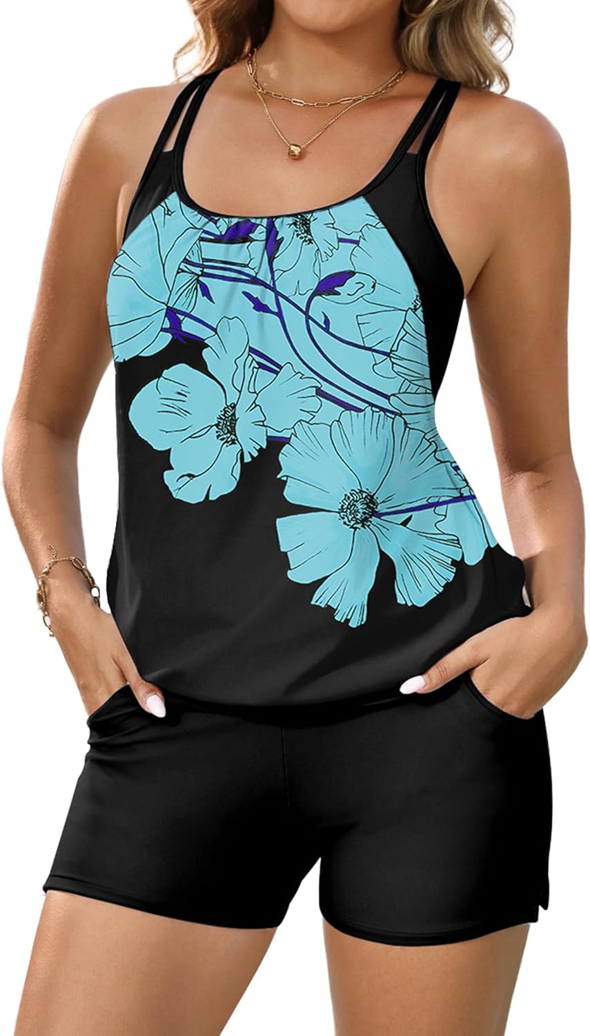 Arolina Tankini Swimsuits for Women Modest Two Piece Blouson Bathing Suit Tank Top with Boy Shorts Pockets (S-24W)