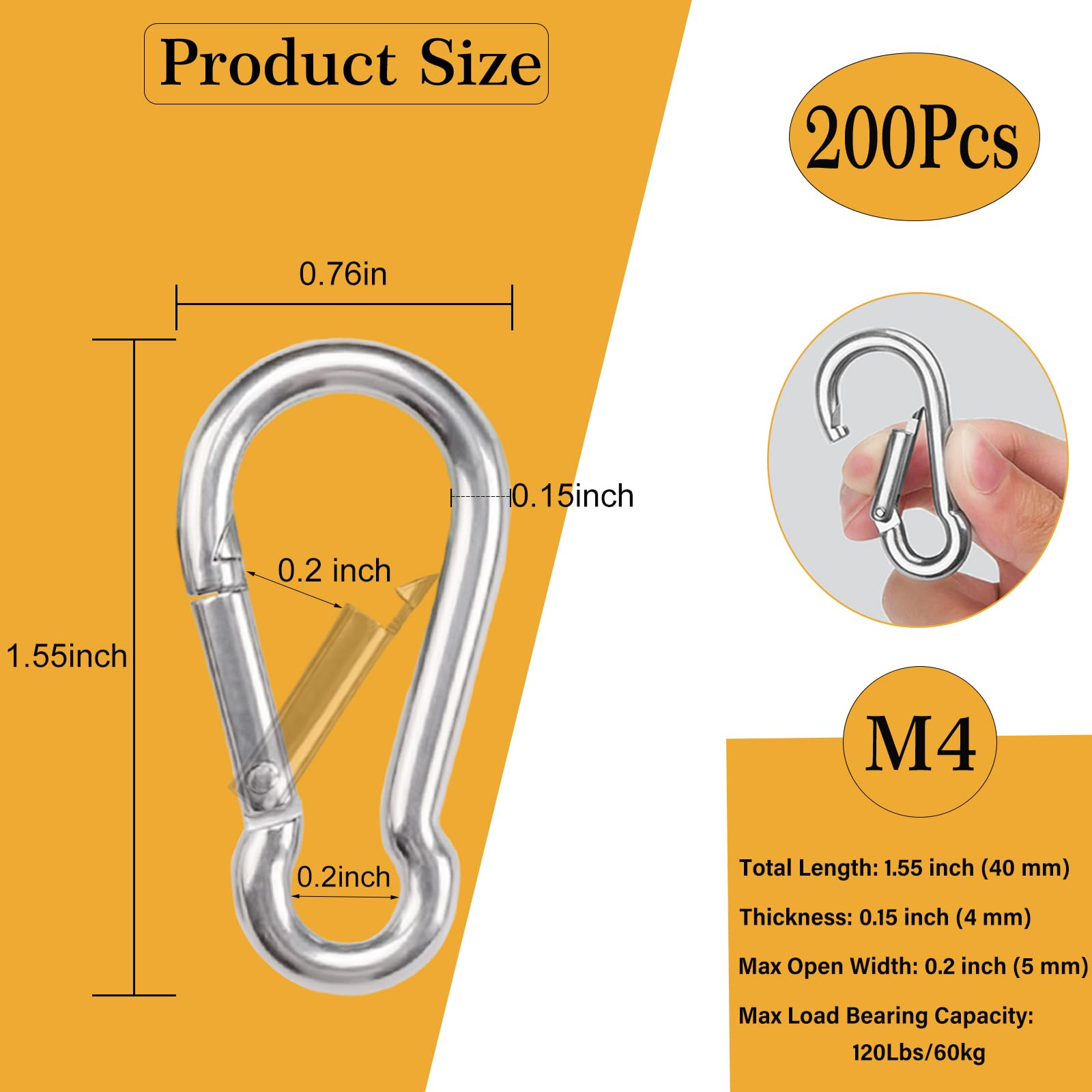 200 mosquetones con resorte, M4 de 1.55 pulgadas, gancho de resorte de acero galvanizado resistente, clip de llavero de enlace rápido para llaves, juego de columpio, camping, pesca, senderismo, viajes