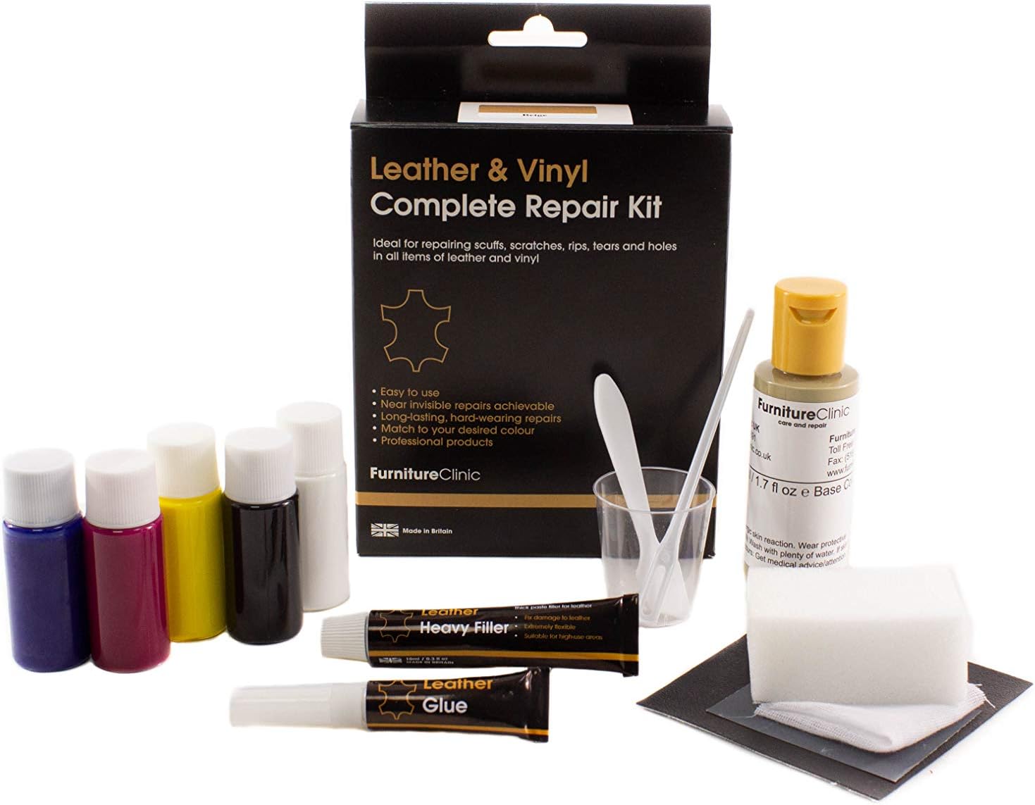 Furniture Clinic Leather & Vinyl Repair Kit - Best Leather Repair Kit for Couches, Car Seats & Furniture - Fix Damaged Vinyl, Leather - Quickly Repair Rips, Holes, Tears & Burns - Easy to Use (Black)