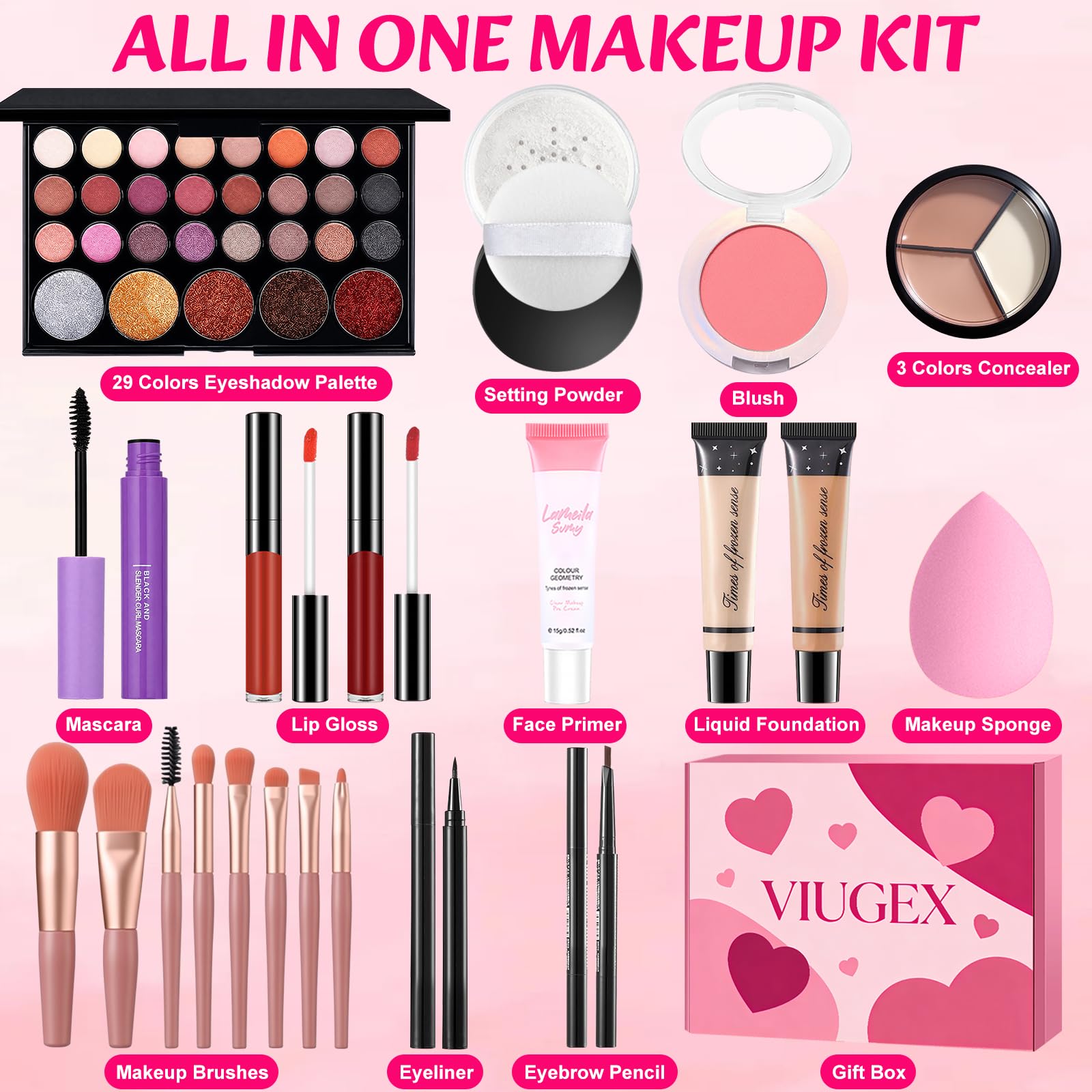 Coffret Maquillage Femme, Kit de Maquillage Professionnel, Malette Maquillage Adolescente Fille, Makeup Gift Set Portable et Légère avec Palette à Yeux Fond de Teint Correcteurs Gloss à Lèvres Mascara