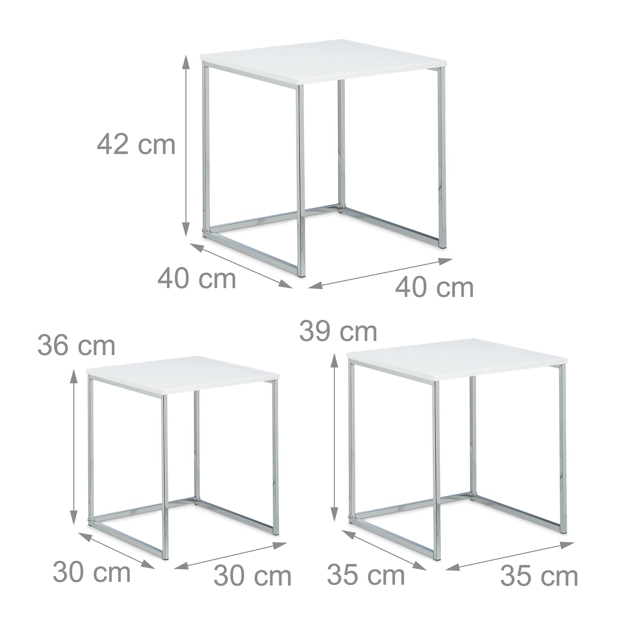 Relaxdays 10020360 Table gigogne lot de 3 HxlxP: 42 x 40 x 40 cm table basse appoint plateau carré en bois avec pieds en métal bout de canapé, blanc