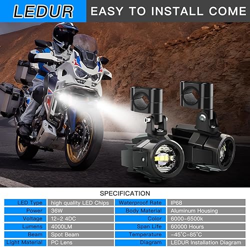 Miniatura 9 de LEDUR D3 - Luces LED de haz de inundación para motocicleta, luces auxiliares blancas con interruptor R1200GS, luces antiniebla Signa compatibles con