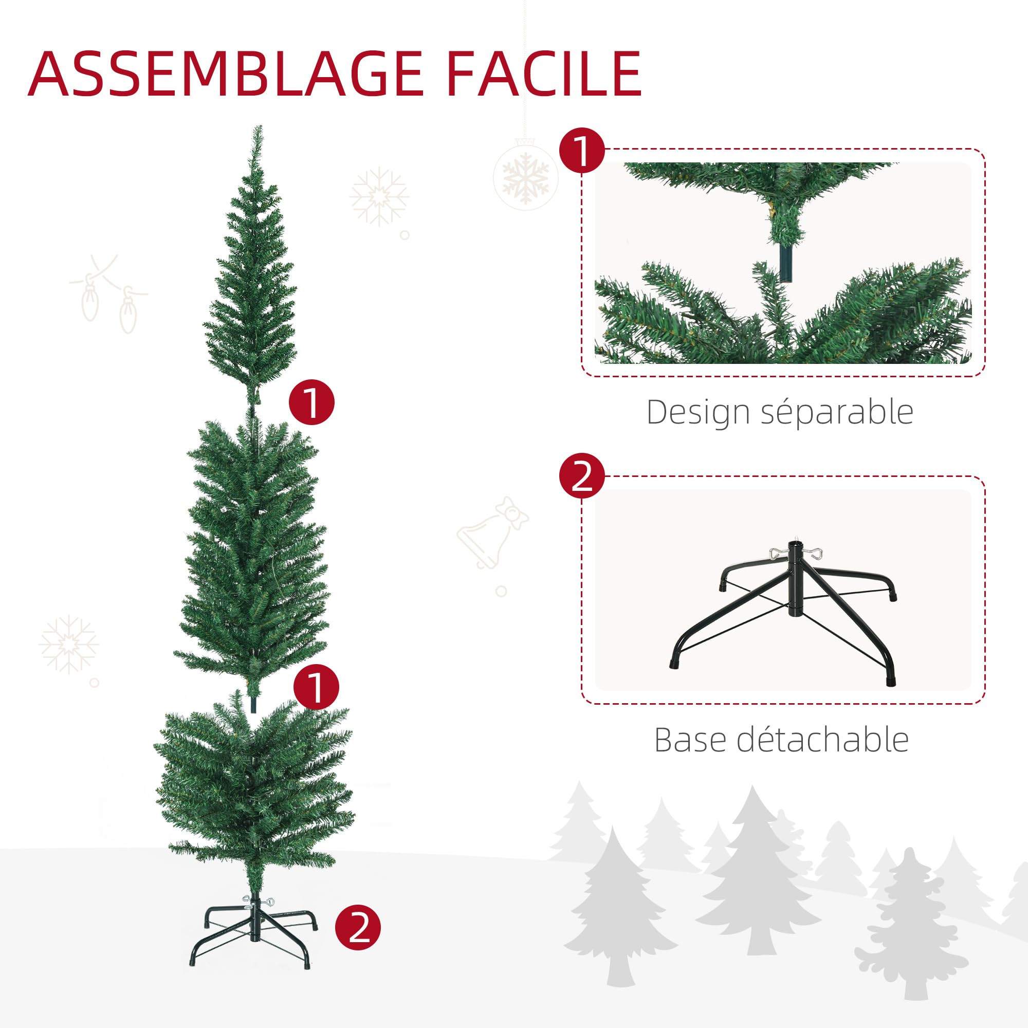 HOMCOM Sapin de Noël Artificiel Lumineux 180 cm en Forme de Crayon Vert | Arbre de Noël, 150 Lumières Multicolores, 390 Branches, Base en Acier