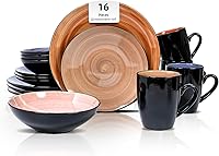 Vista 14 de Sonoma - Juego de vajilla de cerámica de 16 piezas, exterior negro + interior con pintura de mano