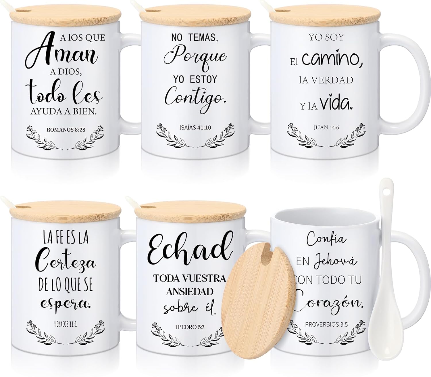 Maxdot 6 Sets Christian Mugs for Women Bulk Inspirational Religious Gifts Bible Verse Coffee Mug 12oz Ceramic Cup Lid Handle Spoon Spiritual Gift Sunday School Christian Party Favor(Spanish)