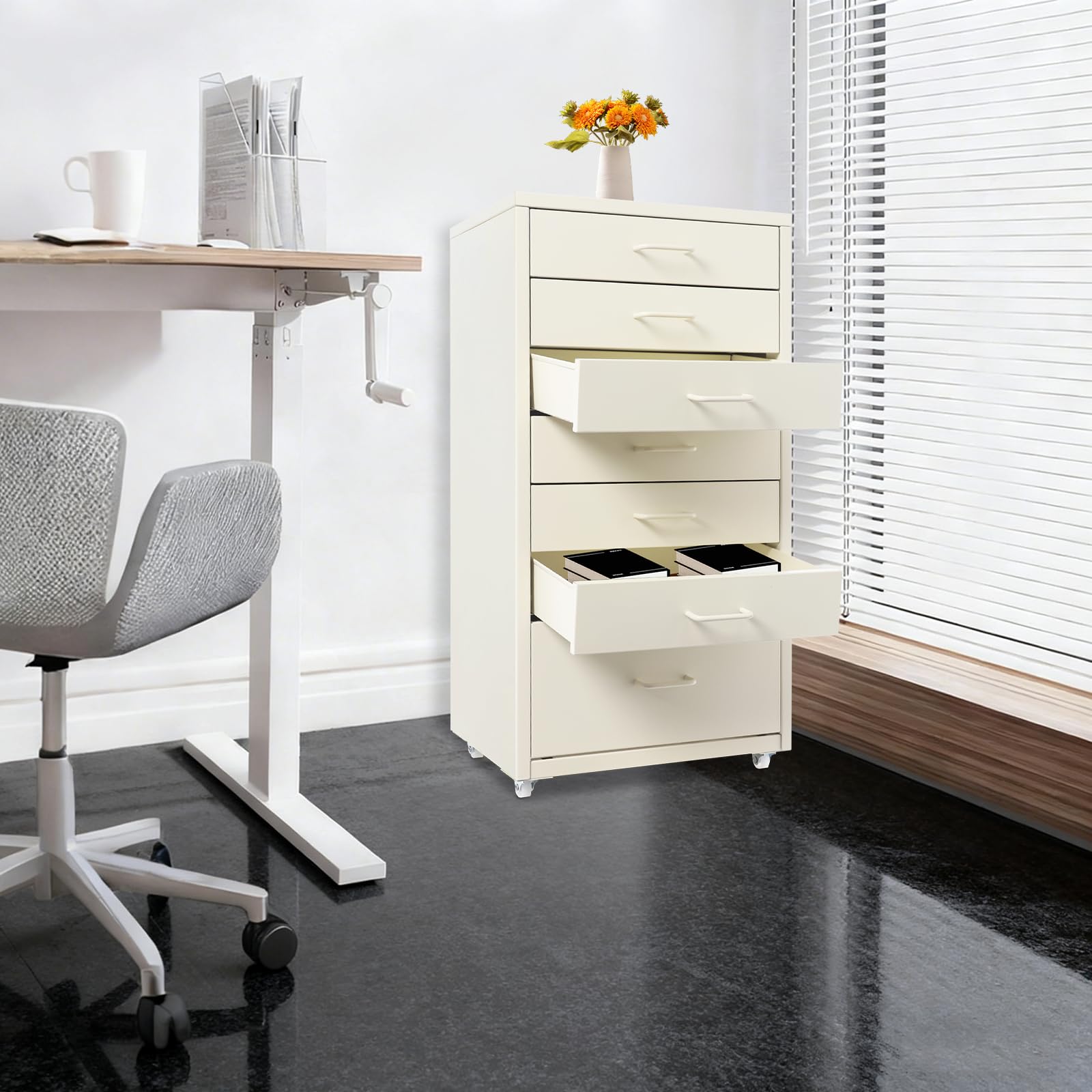 Contenitore a rotelle in metallo con 7 cassetti, Armadio per documenti mobile, Armadio per ufficio con ruote, Contenitore a rotelle Cassettiera con rotelle per casa ufficio, 35 x 26 x 69 cm (Beige)