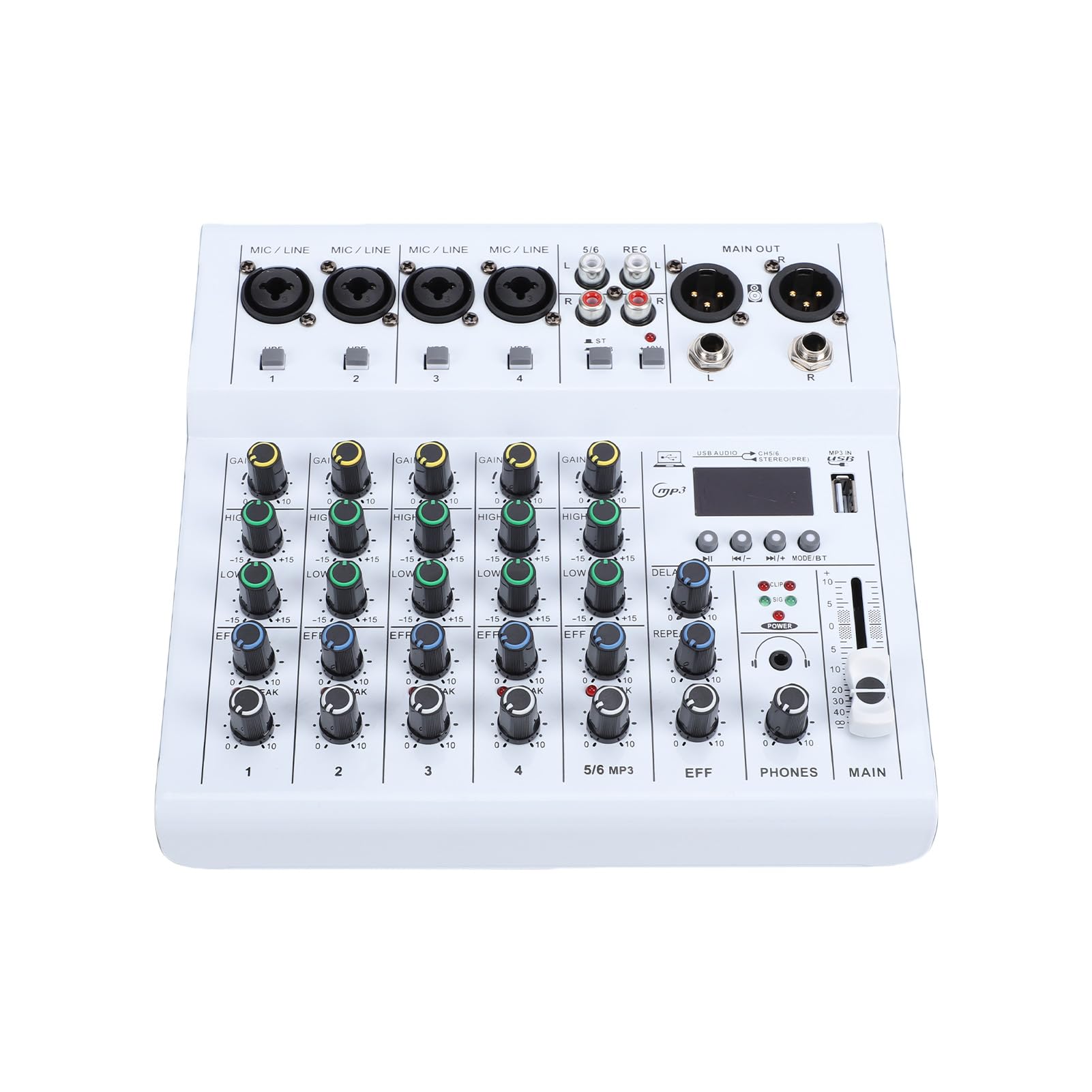 Walmeck 6-Kanal-Mini-Soundmixer, DJ-Controller, Professionelle Aufnahme-Soundkarte mit BT-MP3-Player, 48 V Phantomspeisung, Integrierter Gitarrenverstärker, Tragbare Mischkonsole für (Weiß)