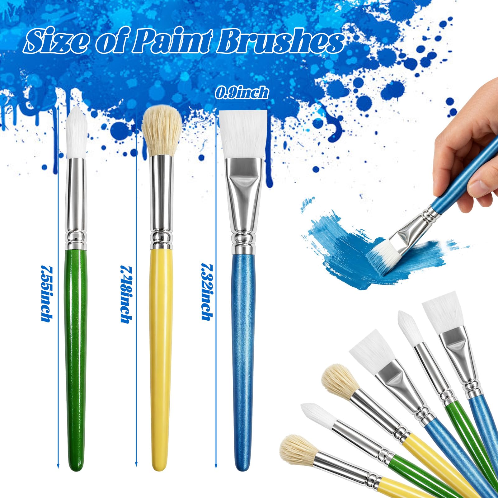 Set di pennelli per bambini, 36 pezzi, manici in legno | Pennelli a punta piatta e rotonda per acrilico, acquerello e pittura a olio. Ideale per aule, artigianato fai da te