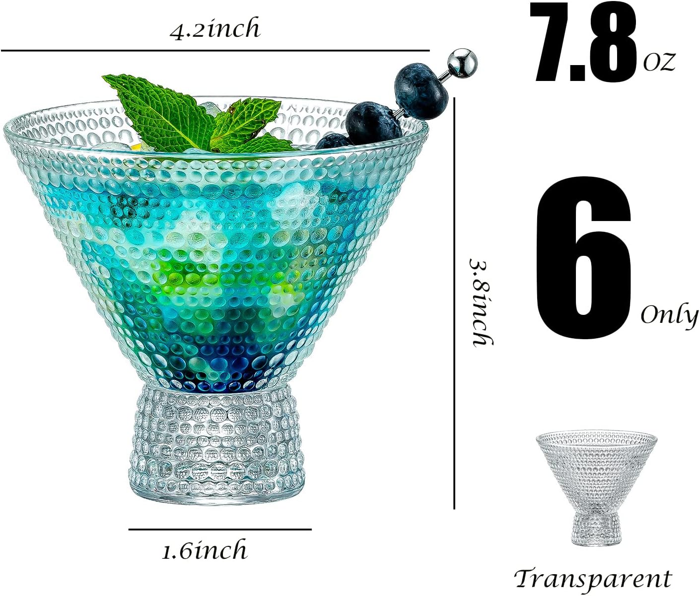 PTSTING Martini Glasses (Set of 6) Vintage Cocktail Glasses Bar Glasses (7.8oz) for Martini,Cocktail,Margarita,Cosmopolitan for Manhattan, Brandy