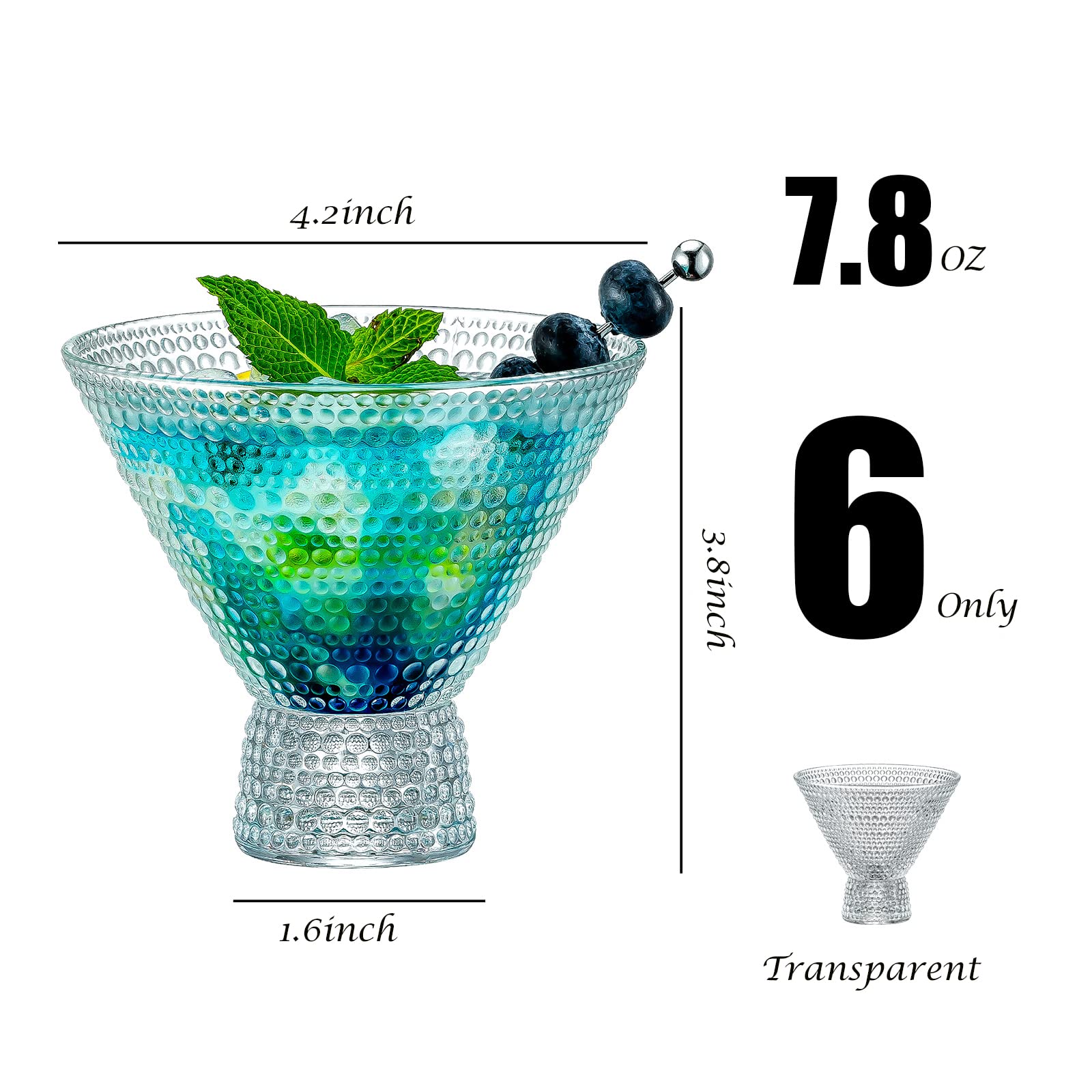 PTSTING Kieliszki do Martini (zestaw 6 szt.) Kieliszki koktajlowe w stylu vintage, do Martini, Koktajlu, Margarity, Cosmopolitan na Manhattan, Brandy