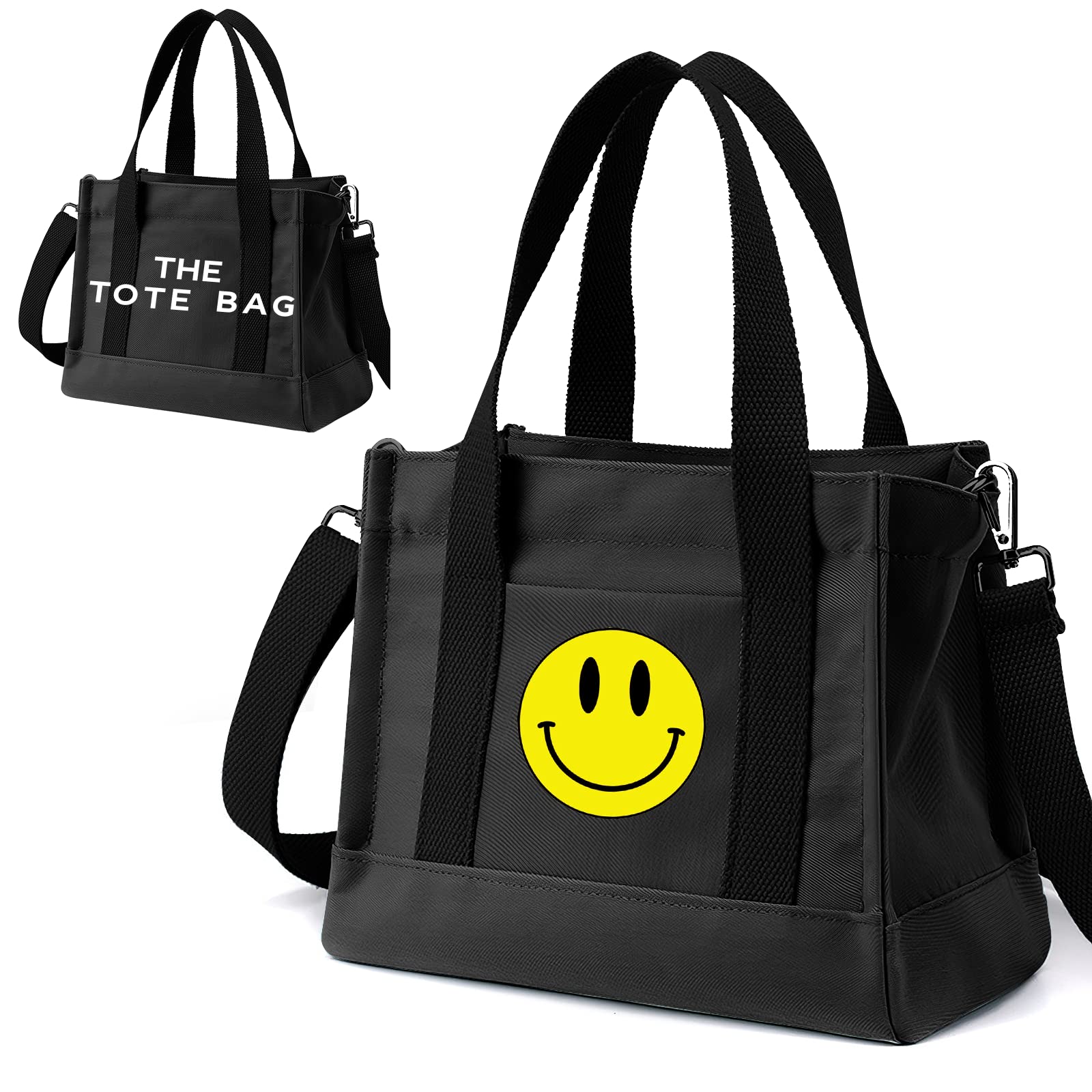 SDNCYE Smile Dots Tote Bag for Women,Crossbody shoulder Canvas Travel Tote Bag, Handbag Zipper Nylon smiley Dots Tote Bag Large Black