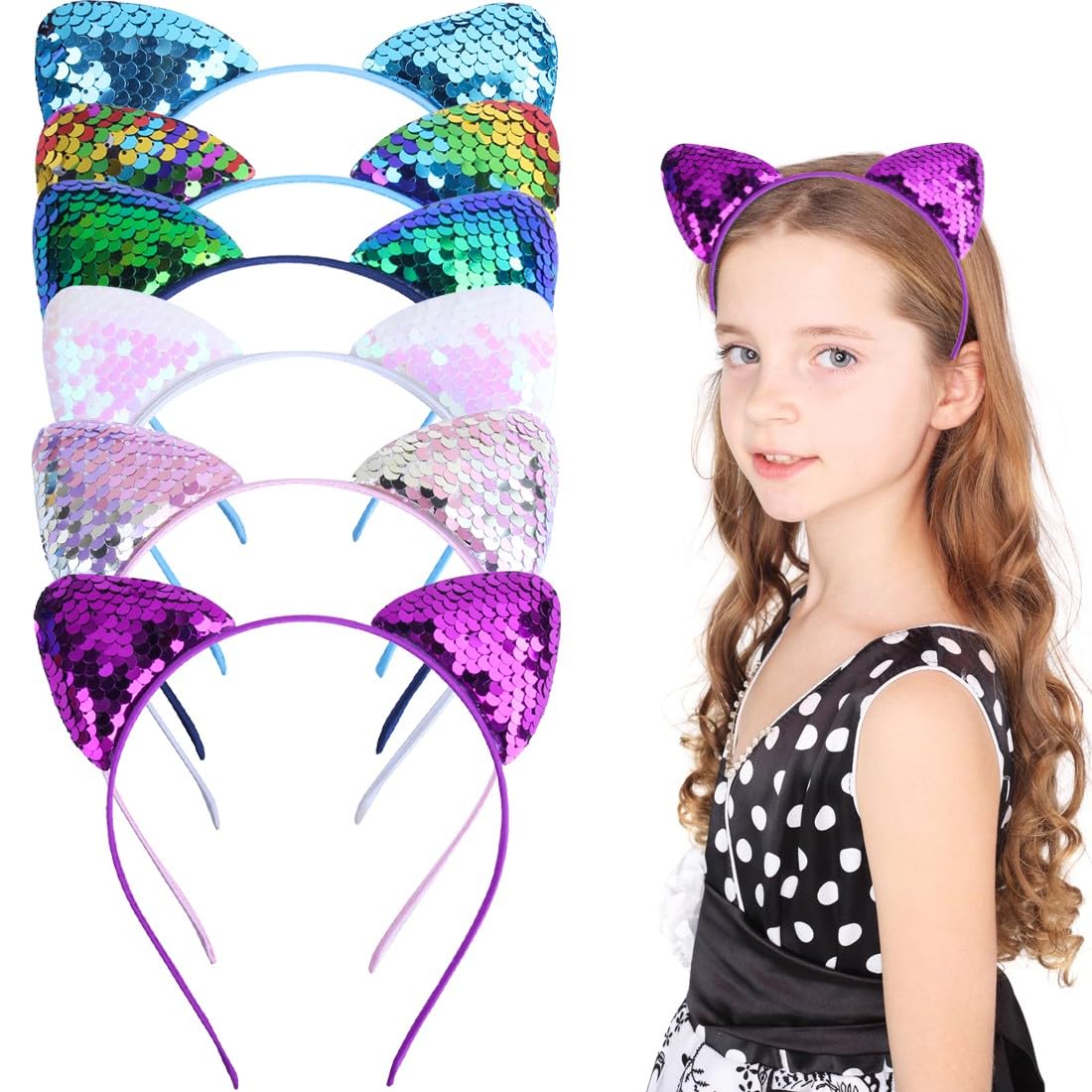 Set 10 Fascie Orecchie Gatto Con Paillettes - Cerchietti Glitter Per Feste E Compleanni