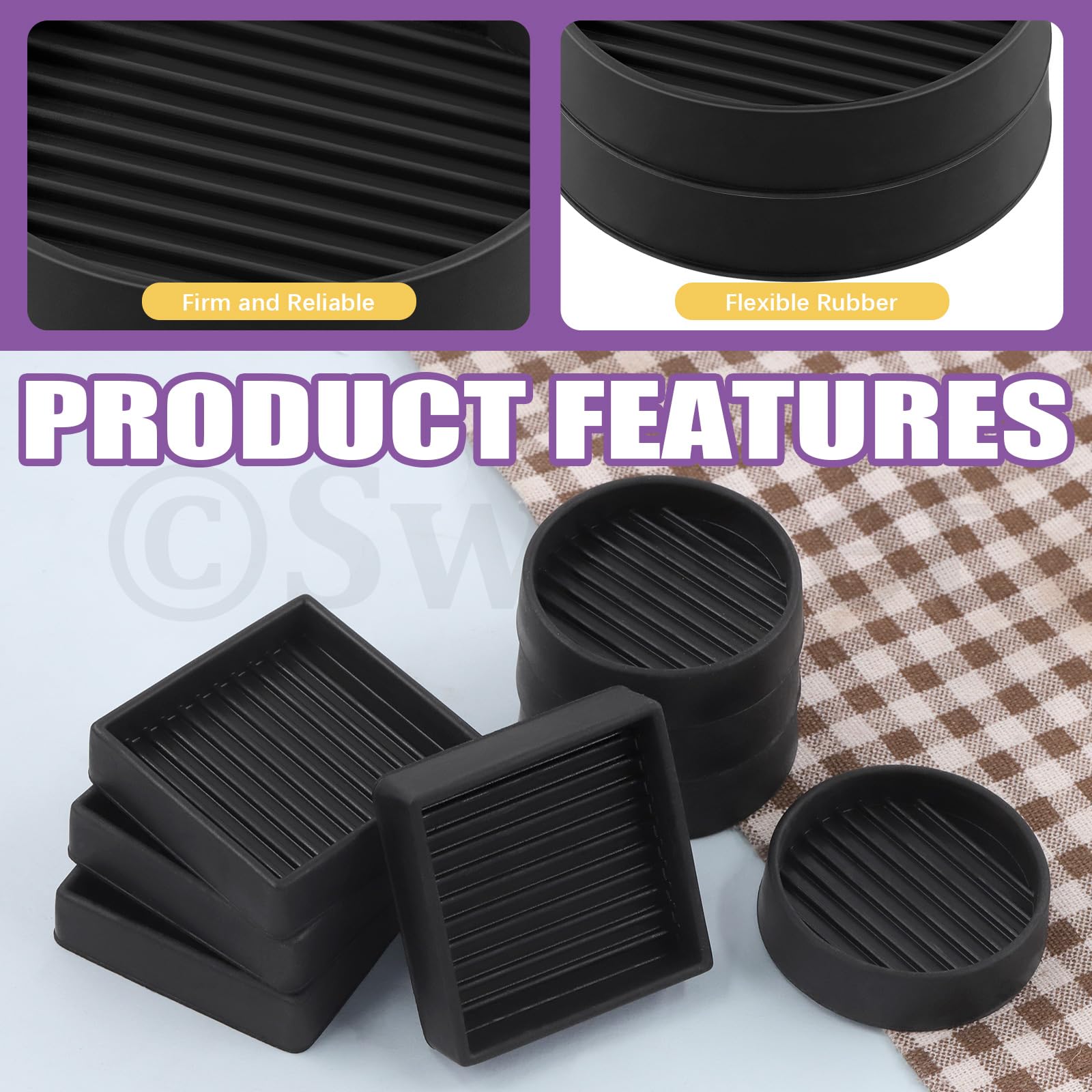Swpeet 8Pcs 2" x 2" 2 Styles Round and Square Black Rubber Anti Skid Caster Cups Non Slip Furniture Pads Kit - Image 3