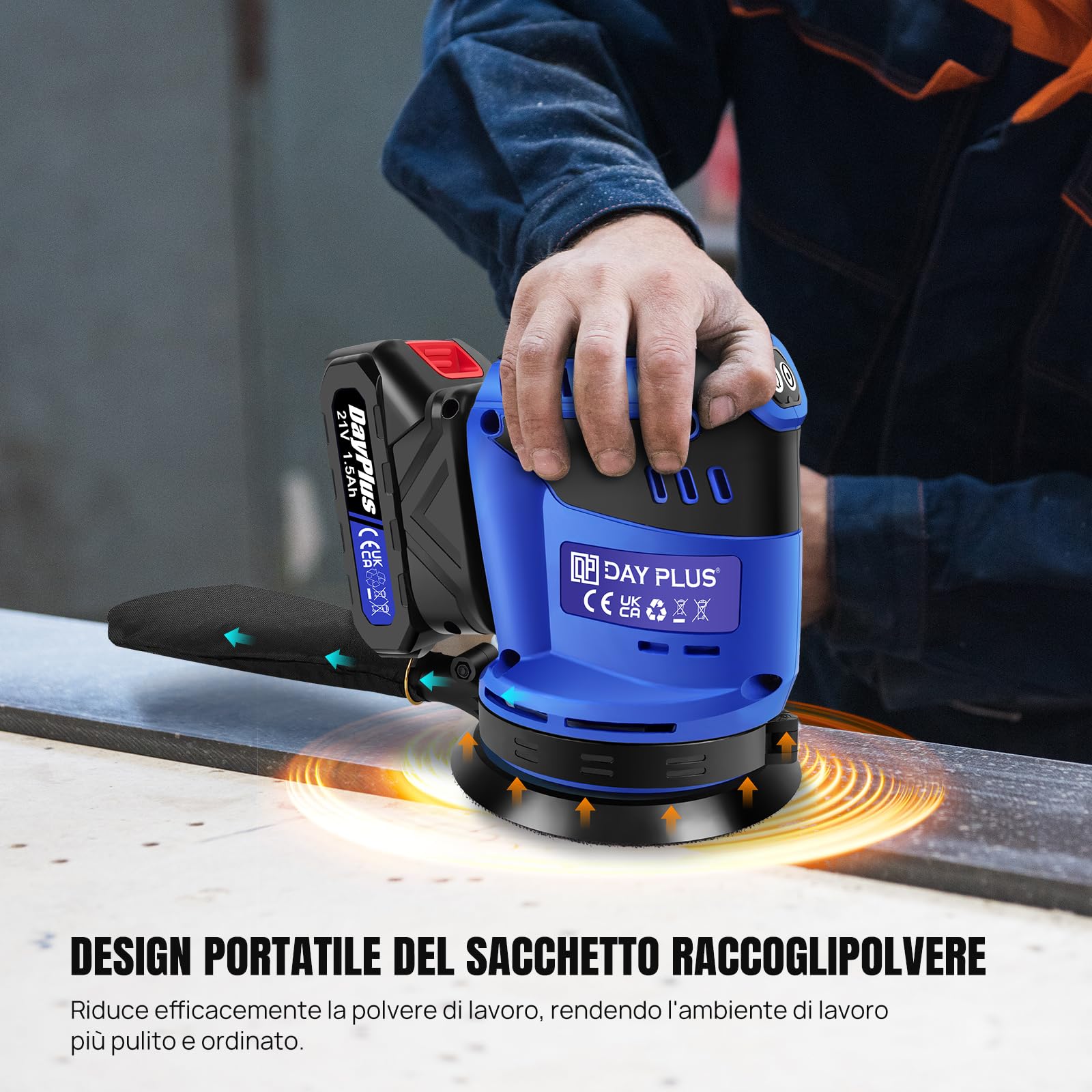 Levigatrice Rotorbitale a Batteria 21V, 125mm - 3 Velocità,11000 OPM,con Sacchetto Raccolta Polvere,1 batteria,1 caricatore,12 Carte Abrasive - Ideale per Legno, Laccature, Metallo e Ceratura