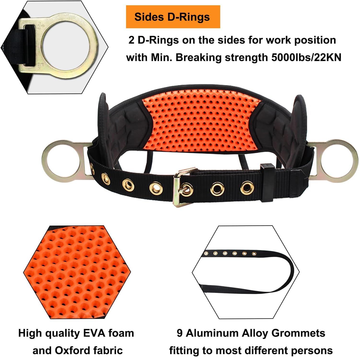 Safety Harness Climbing Belt - Tongue Buckle Safety Belt With Ventable & Moisture-Wicking Waist Pad and 2 Side D-Rings Personal Fall Protection Safety Belt for Work Positioning Restraint - Image 2