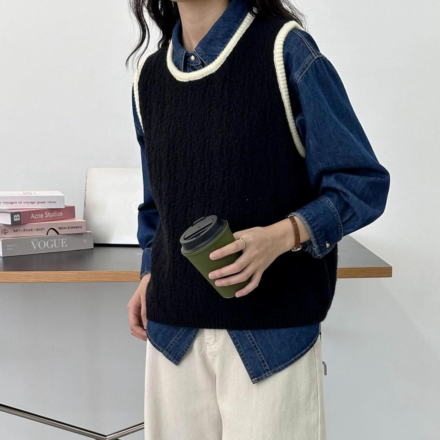 [ZKYSO] ニットベスト レディース クルーネック 体型カバー 春秋冬 ニットチョッキ もっちり生地 編みベスト ベストセーター