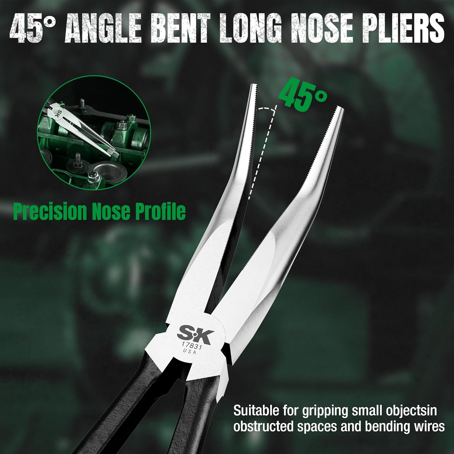 SK Tools USA Extra Long Nose Pliers, 2-Piece, 11-Inch Straight and 45° Angle Needle Nose Pliers, High Carbon Steel, Comfortable Handles for Anti-slip Grip