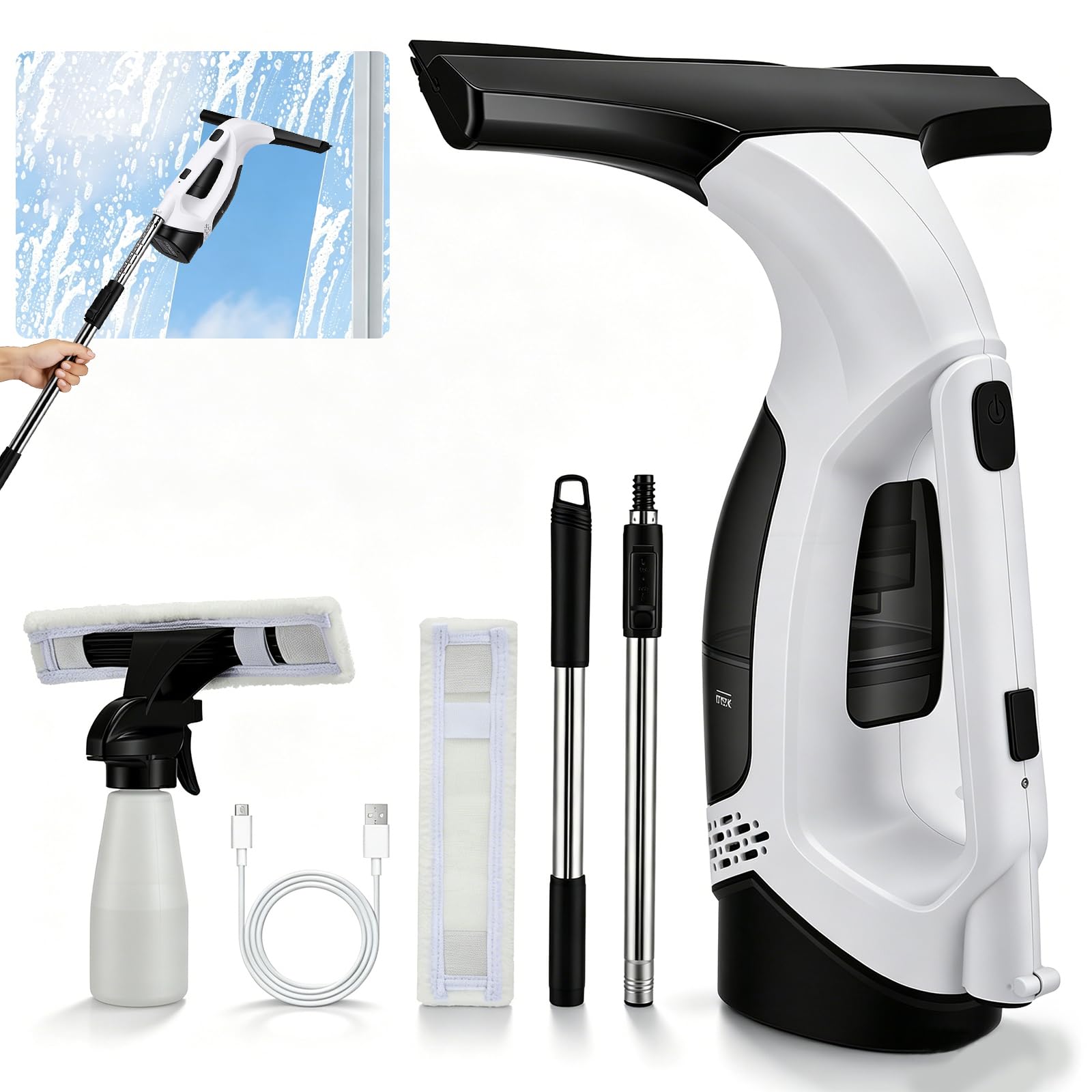Akku Fenstersauger Set, 2000Pa Kabelloser Fensterreiniger Fensterputzer, 2200 mAh Window Elektrisch Wiederaufladbarer Fensterabzieher, 150ml Tank, für Fenstern, Duschtüren, Spiegeln, Fliesen