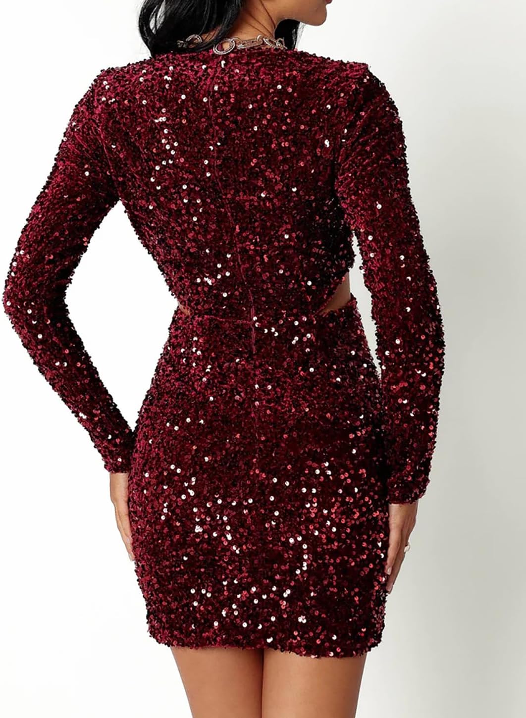 R.Vivimos Womens Glitter Sequin Party Dresses Fall Winter Long Sleeve Sexy Deep V Neck Cut Out Sparkly Club Velvet Mini Dress - Image 4