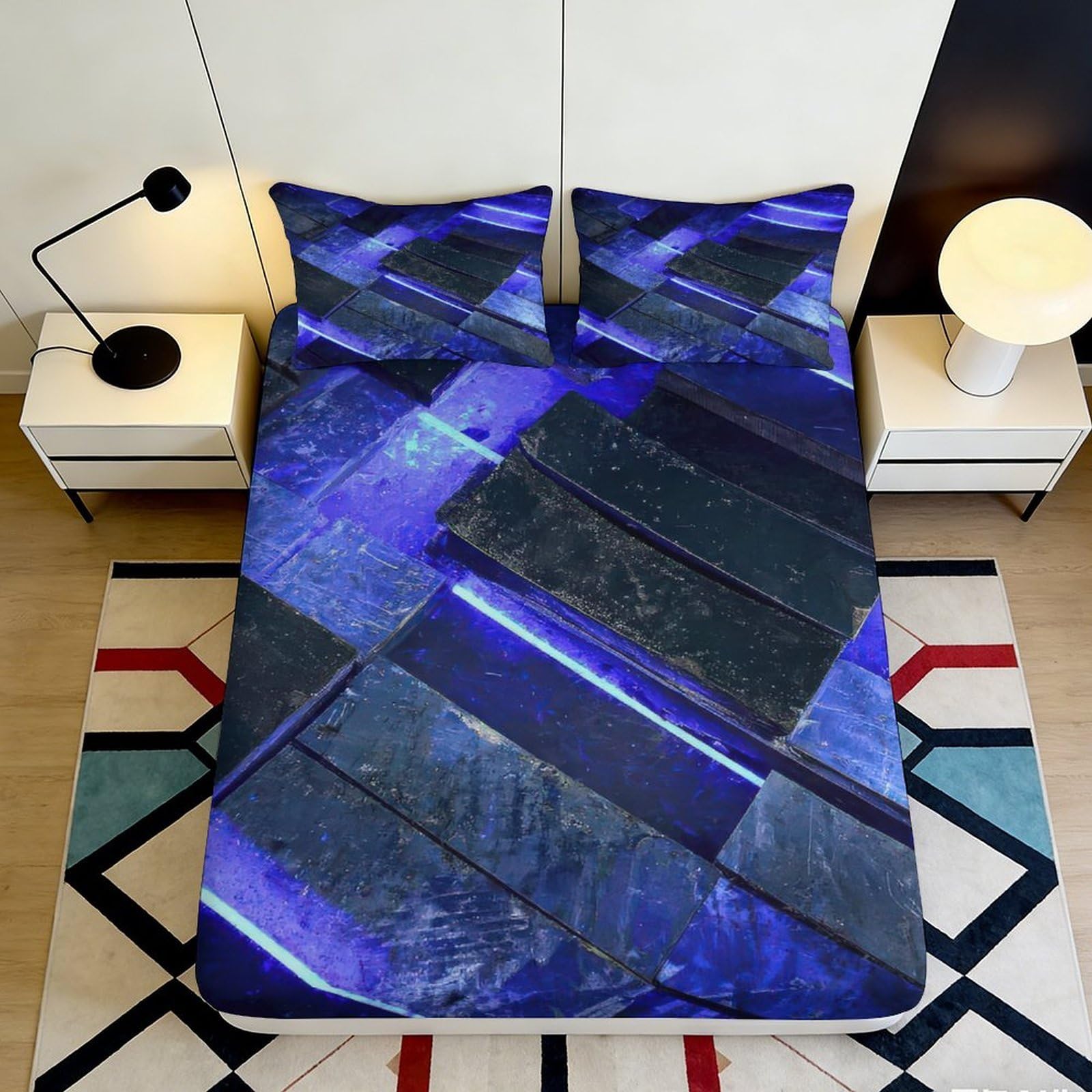 3D Printed Abstract Blue Fitted Sheet Microfiber Soft Breathable Geometric Mattress Cover for Bedroom Dorm Decor 90x200x25cm