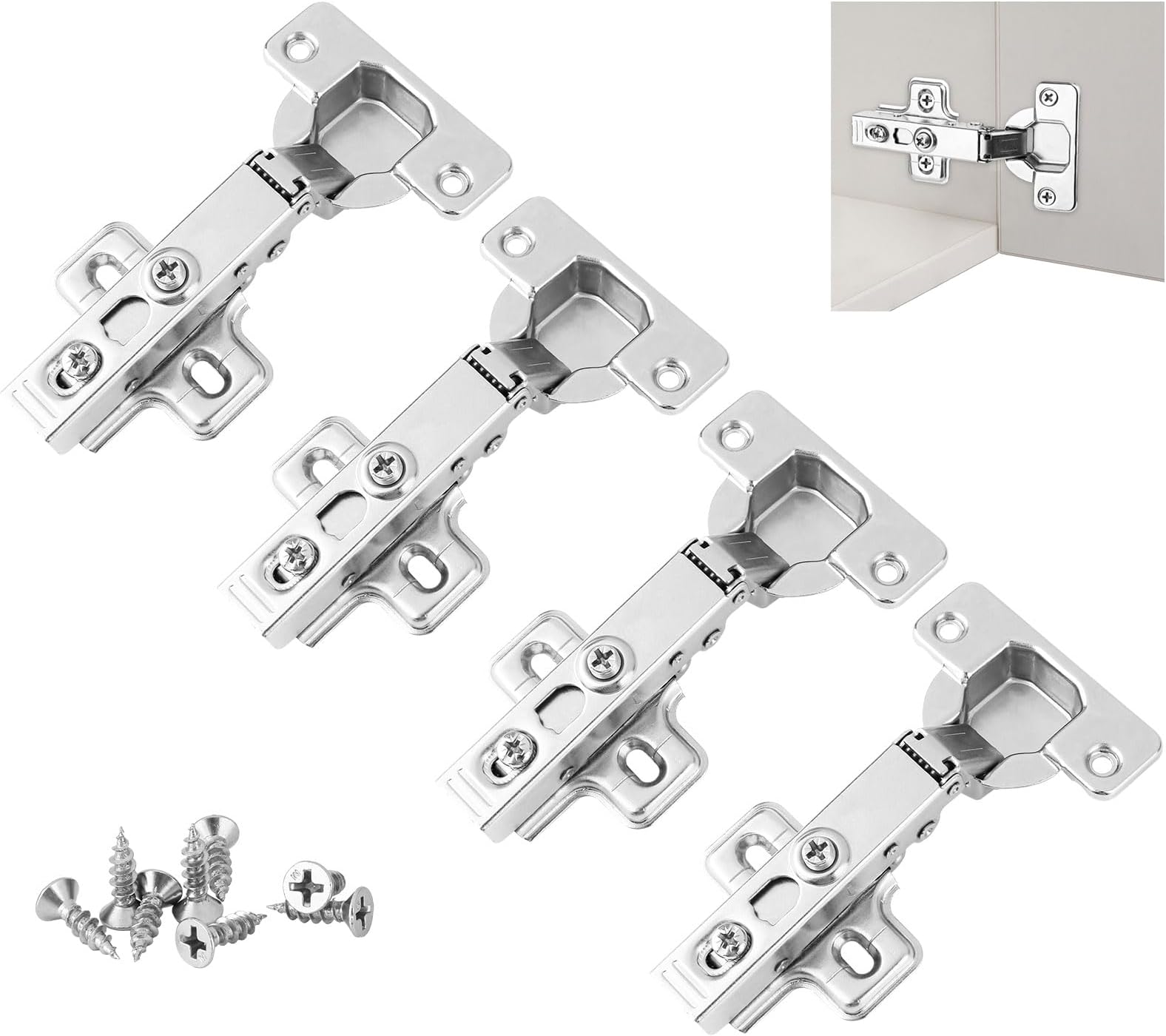 4 Pcs Cabinet Hinges, Kitchen Cupboard Hinges with Screws, Soft Close Hinges with Hydraulic Spring, 100 ° Opening Angle Cupboard Hinges, Cupboard Door Hinges for Bathroom Bedroom Living Room