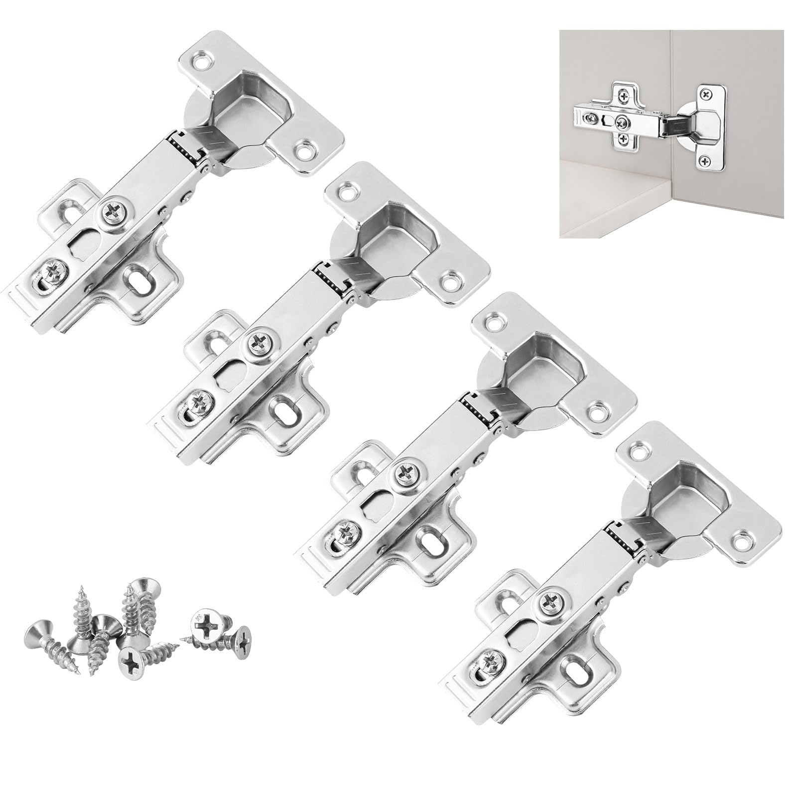 4 Pcs Cabinet Hinges, Kitchen Cupboard Hinges with Screws, Soft Close Hinges with Hydraulic Spring, 100 ° Opening Angle Cupboard Hinges, Cupboard Door Hinges for Bathroom Bedroom Living Room