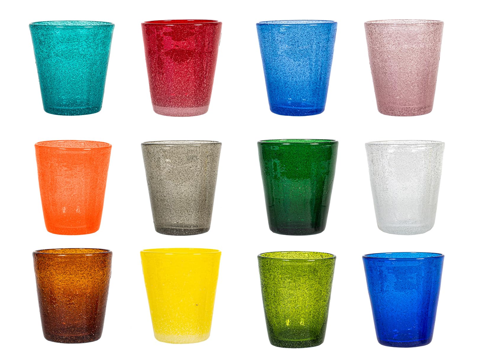H&H Giada Set mit 12 bunten Wassergläsern, Mehrfarbig, 280 ml, unregelmäßige Gläser mit Mikrobläschen, robust und spülmaschinenfest, originelle Tischkarten