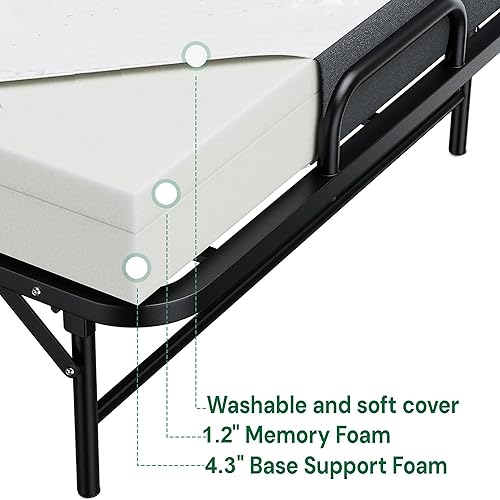 Miniatura 5 de Cama plegable de 75 x 31 pulgadas con colchón para adultos, cama enrollable portátil con ruedas, cabecero y bolsillo, colchón de espuma