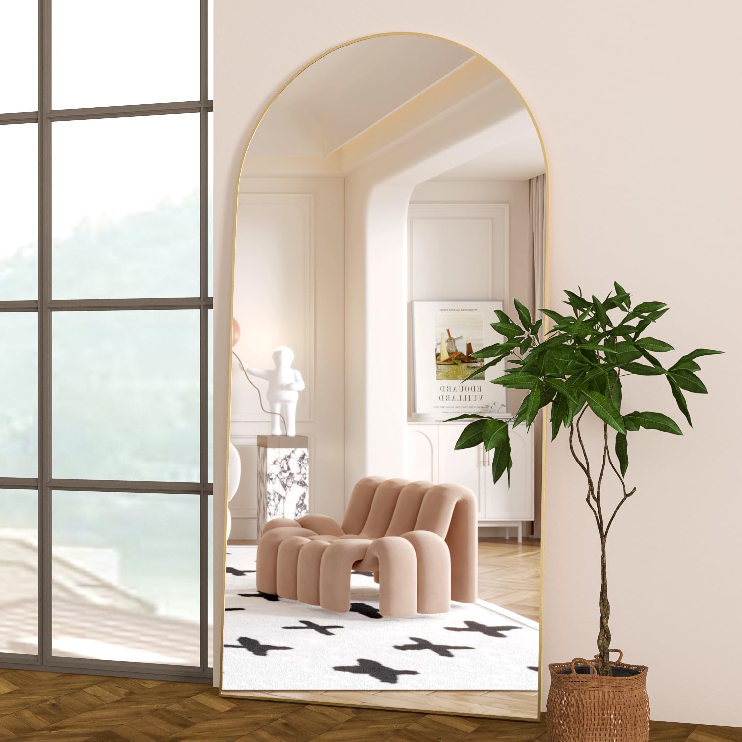 Spiegel in voller Länge 180x80 cm Gewölbter Spiegel Ganzkörper Gold Stehend Bodenspiegel mit Ständer Hängend oder an die Wand gelehnt für Schlafzimmer Eingang, Wohnzimmer