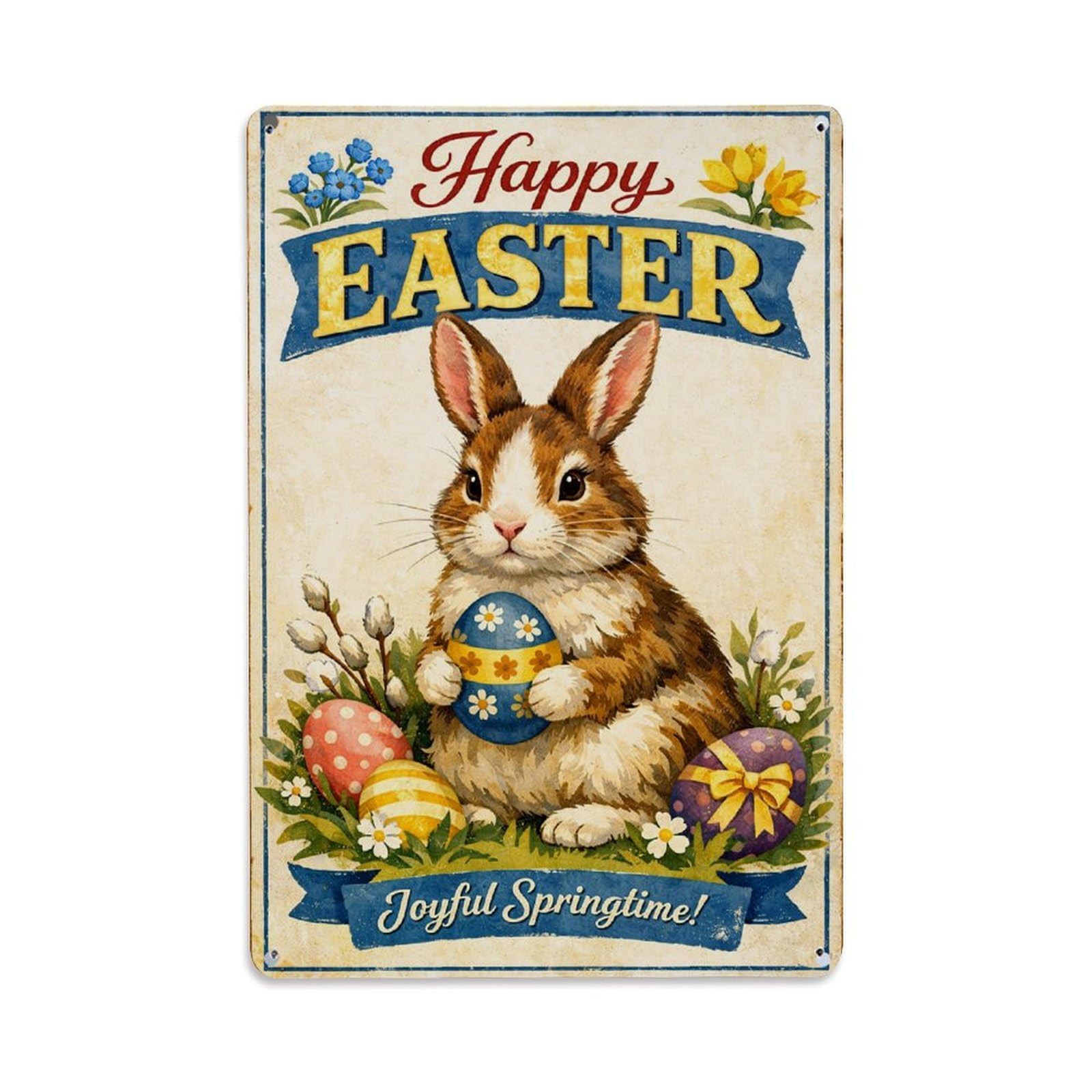 Jdfenggu Vintage Happy Easter Bunny With Eggs Retro Metal Tin Sign, Metal Poster For Bar, Home, Man Cave, Kitchen, Laundry Room Art Decor 8X12 Inch
