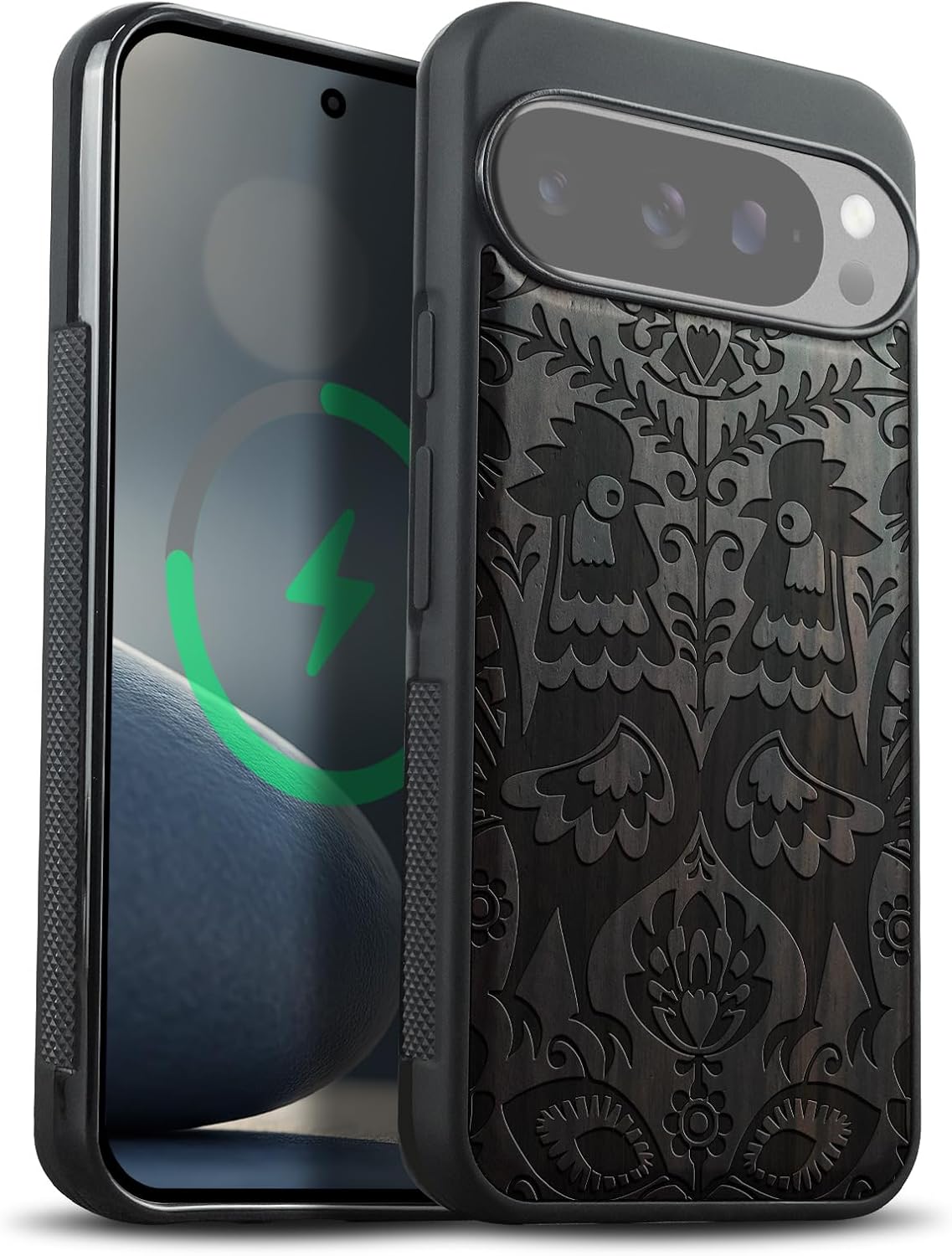 Carveit Magnetic Wooden Case for Google Pixel 10 Pro XL Case, Wood Artisan Engraved & Soft TPU Shockproof Cover, Compatible with MagSafe Wireless Chargers (Bat and Skull) Walnut