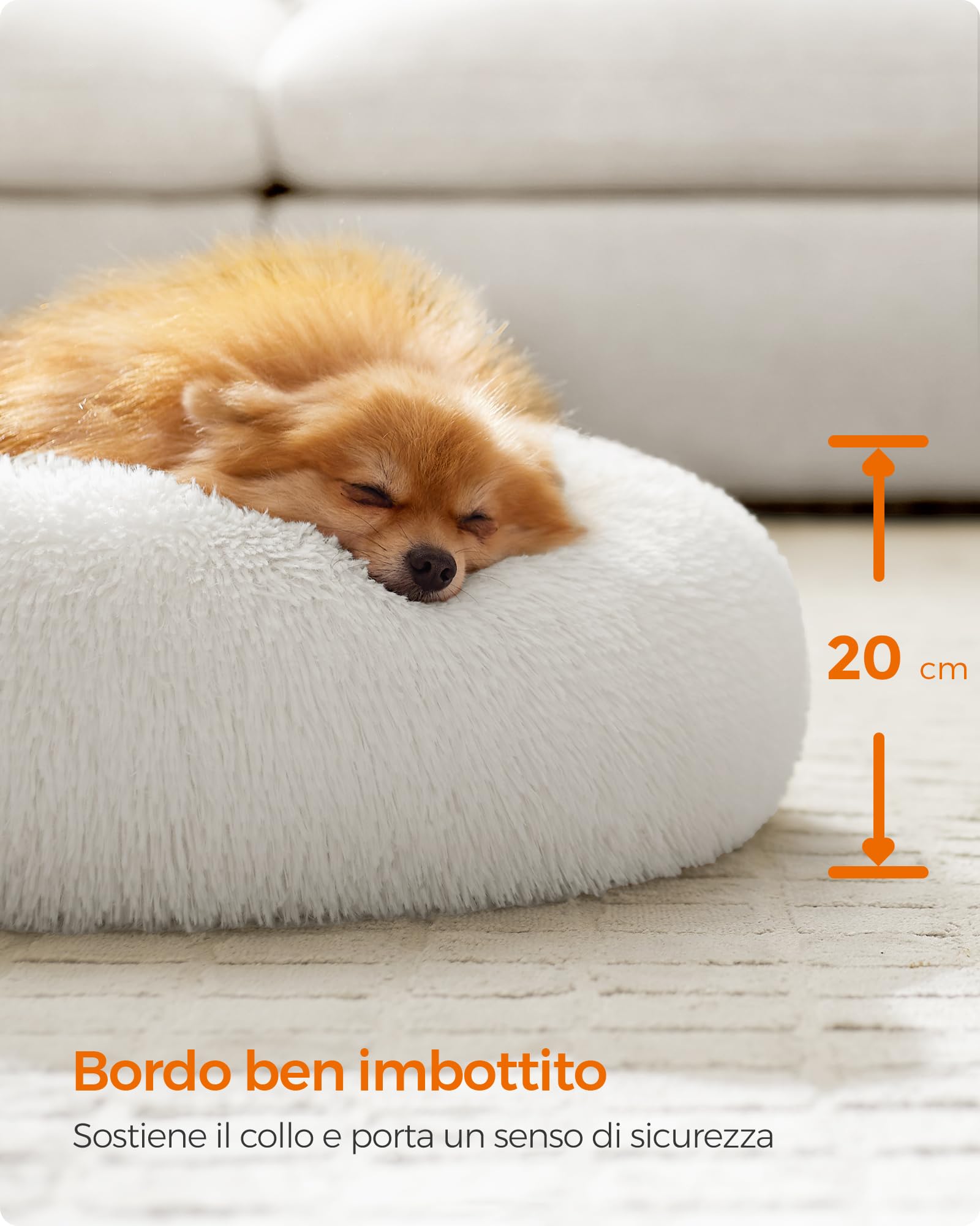 Feandrea Cuccia Cane Interno, Cuccia per Cani, Lettino per Animali Domestici a Ciambella, Cuscino Sfoderabile e Lavabile, Tappeto di Peluche, Diametro 60 cm, Bianco Nuvola PGW038W01