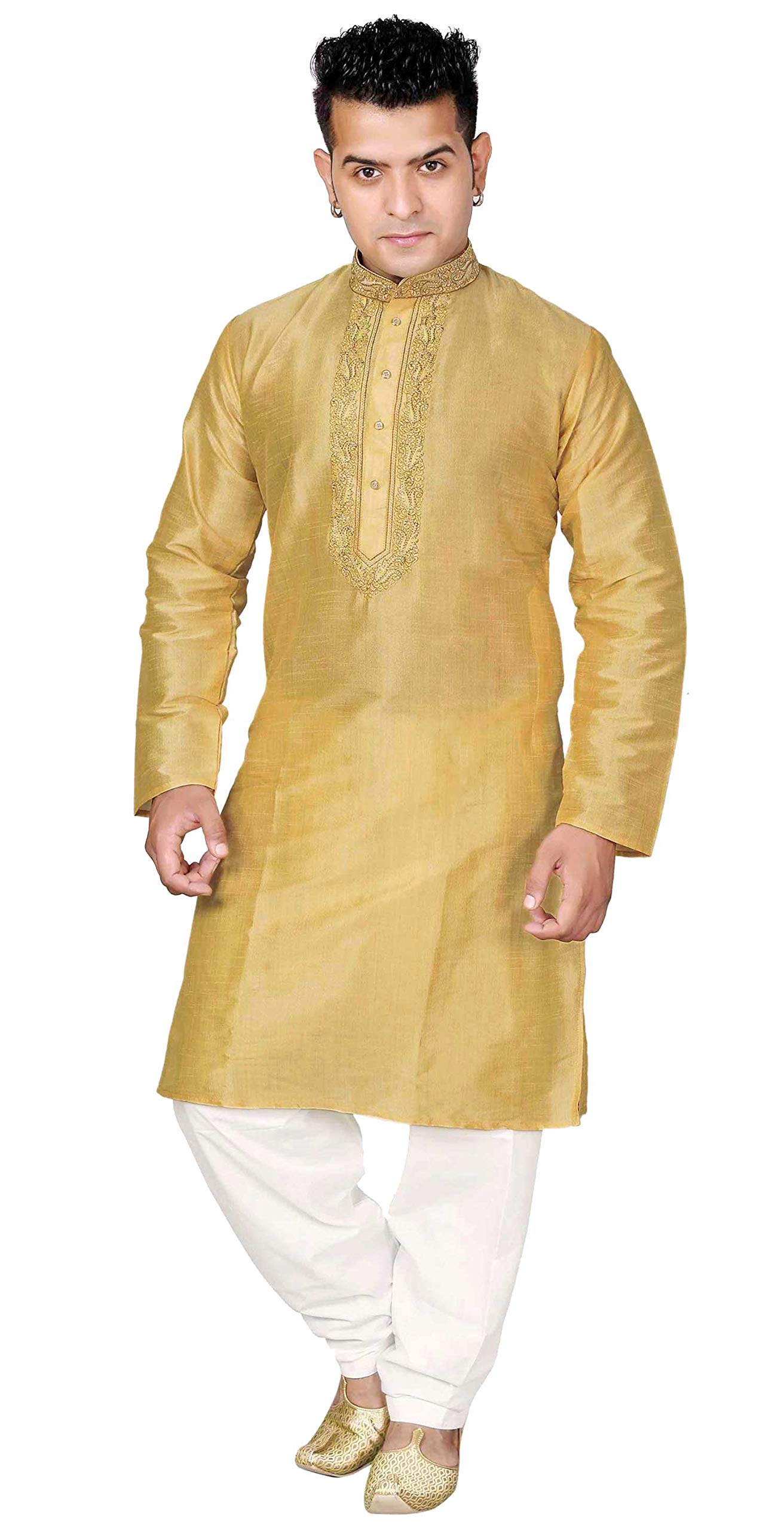 Desi Sarees Men's Kurta Shalwar Kameez Pajama Sherwani Party Wear EID 1845 (42, Gold)