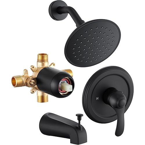 Black Tub Shower Faucet Set with (Valve Included) - 6 Inch Shower Head and Handle Set Matte Black, Tub and Shower Trim Kit with High-Pressure Rain Shower Head and Tub Spout