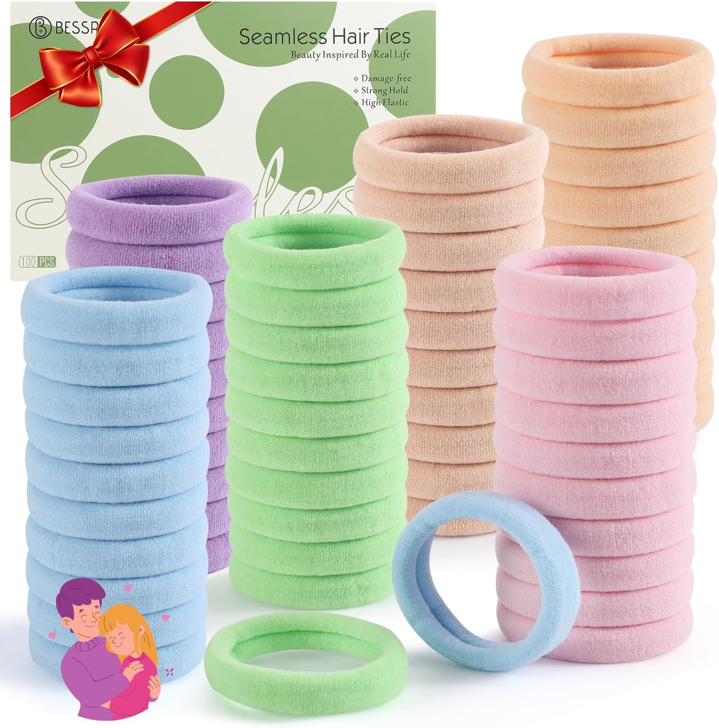 Bessrung 100 PCS Hair Ties, Soft Seamless Hair Bands for Thick Thin Hair, Ponytail Holders, Elastic Hair Ties for Women, Men, Girls, No Cease Nylon Hair Ties, No Damage Hair Accessories, Candy Color | Soft Stretch Hair Elastics, Snag-Free Hair Bands for Thick Thin Hair, Strong All-Day Hold, Hair Accessories for Everyday Use