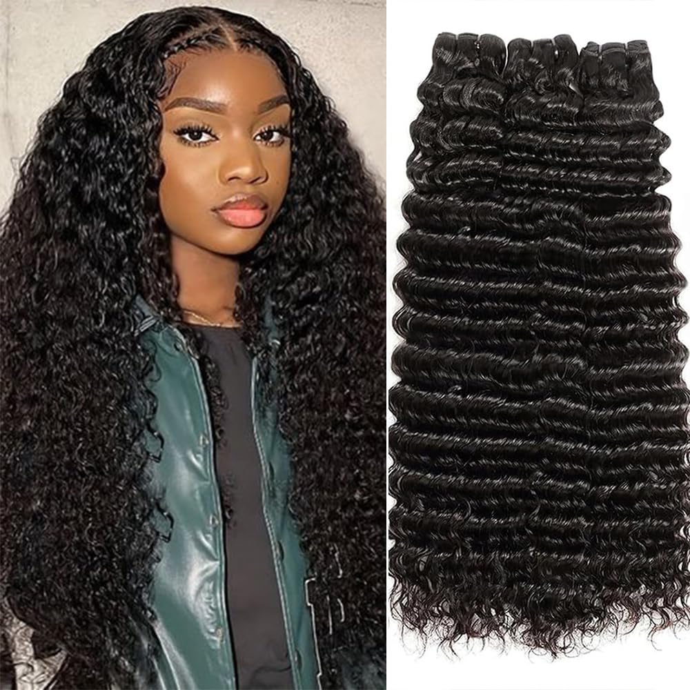 Deep Wave Human Hair Bundles 100% Unprocessed Virgin Deep Wave Human Hair Bundles 24 26 28 Inch 8A Brazilian Deep Curly Human Hair Weave 3 Bundles Total 300g Natural Color Water Wave Bundles