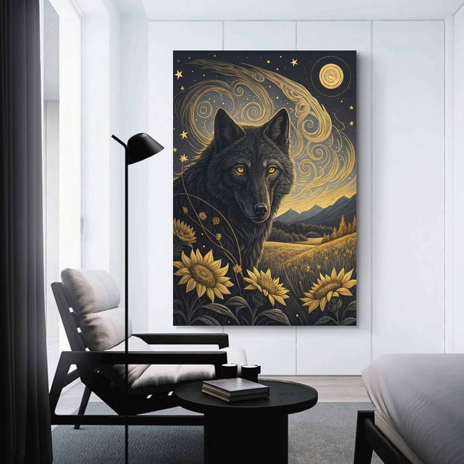 Junmoney Hanging Wall Art Wolf in A Starry Field, 24x36inch(60x90cm), for Small Homes, Bedrooms Or Open Spaces, Wall Decor with Flexible Room Appeal