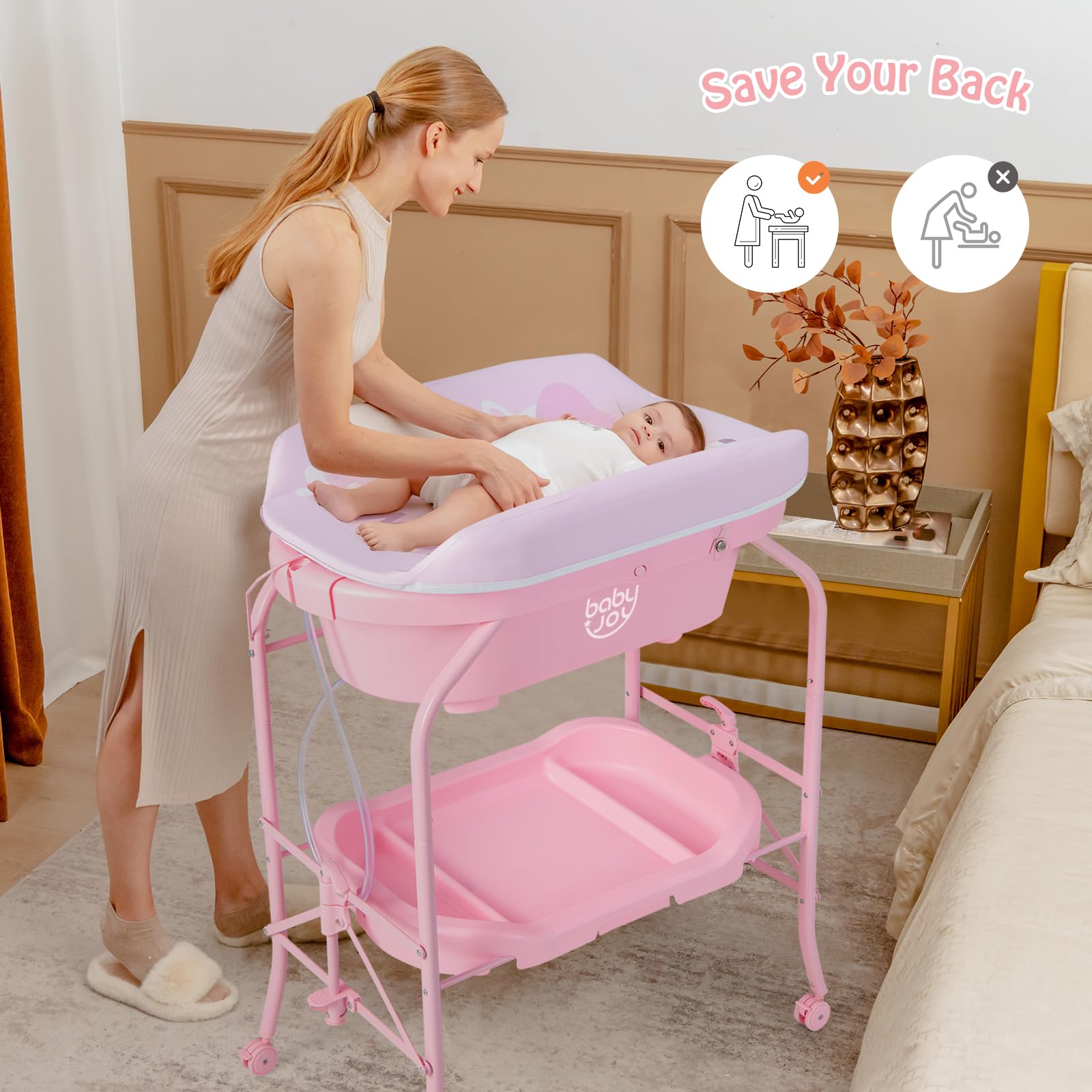 BABY JOY Vasca da bagno per bambini con fasciatoio, stazione pieghevole per fasciatoio con vassoio portaoggetti, tappetino impermeabile, organizer portatile per neonati con 4 ruote universali (rosa)