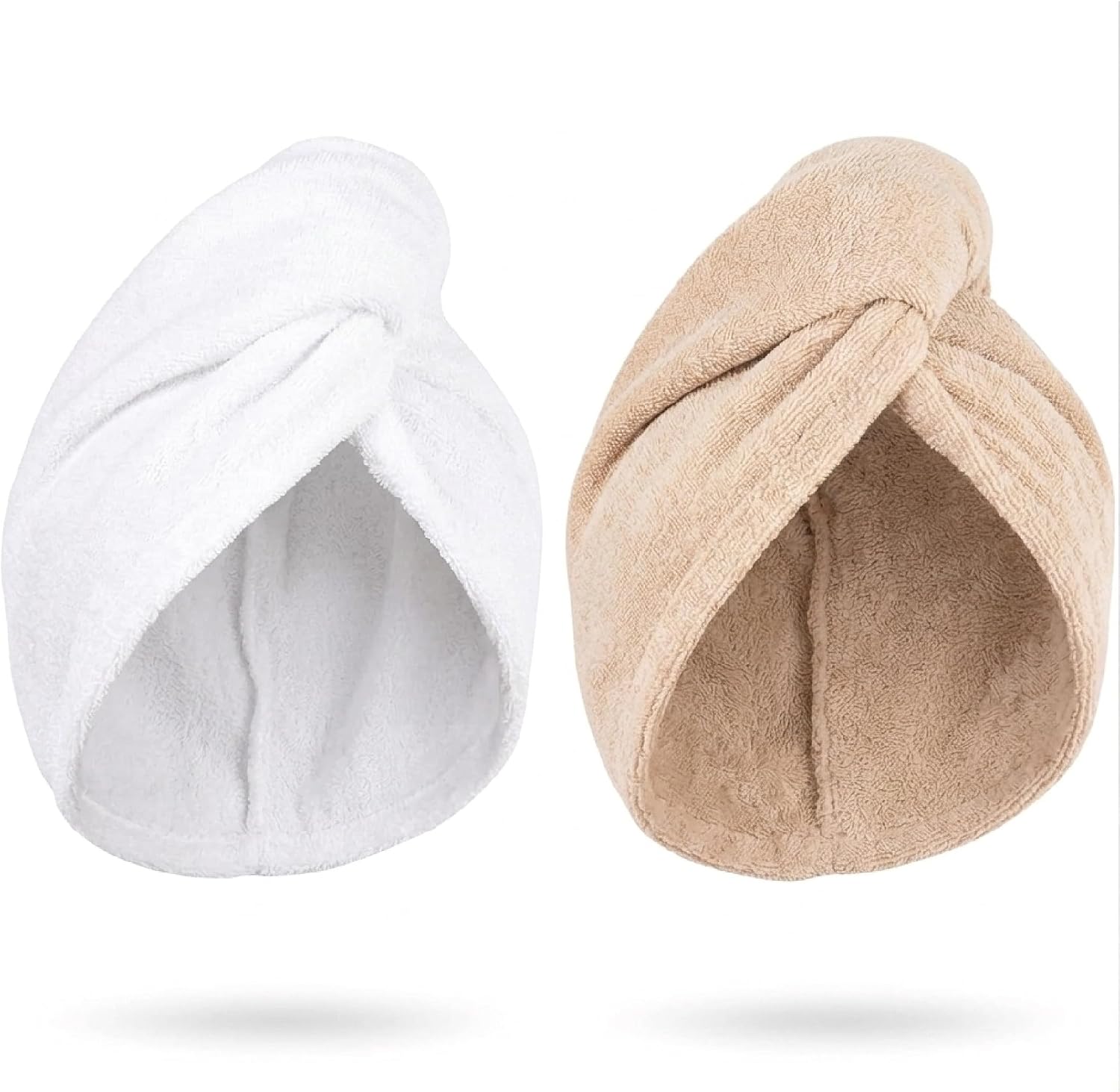 HOME ESSENTIALS 100% Cotton Hair Towel Wrap for Women – Soft & Absorbent Hair Turban Towel, Quick Dry Head Towel Cap for Wet Hair, Lightweight Anti-Frizz Hair Wrap, 2 Pack (White & Beige)