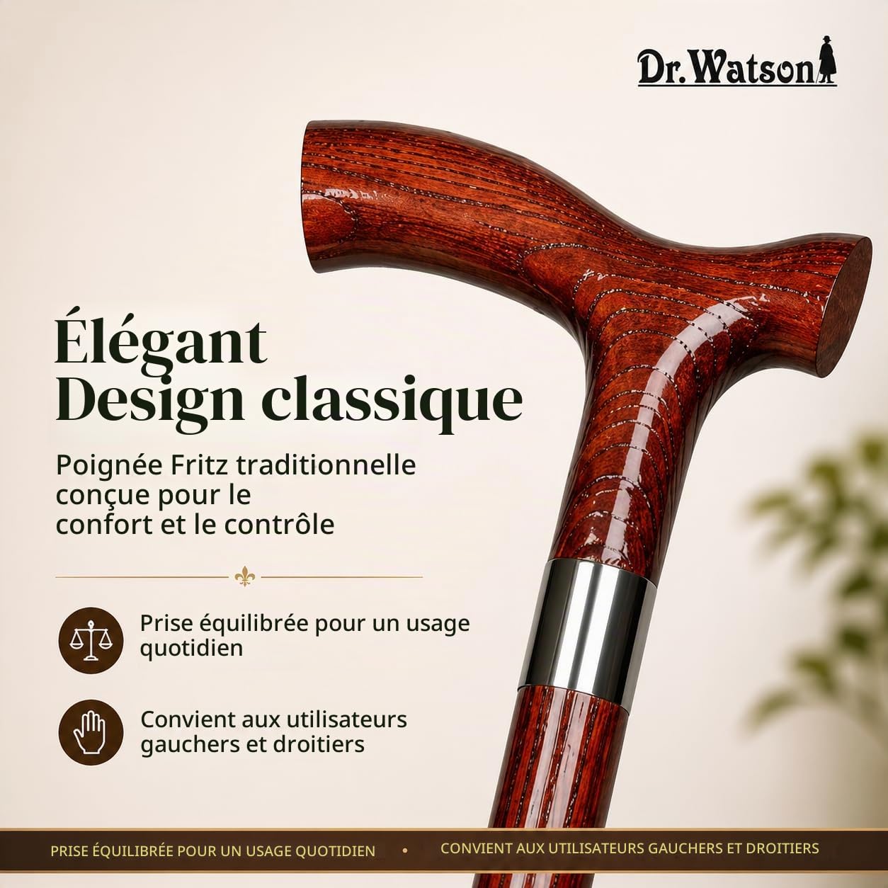 Dr. Watson Classic Fritz Walking Stick – Handcrafted Ash Wood Cane with Polished Stainless Steel Collar