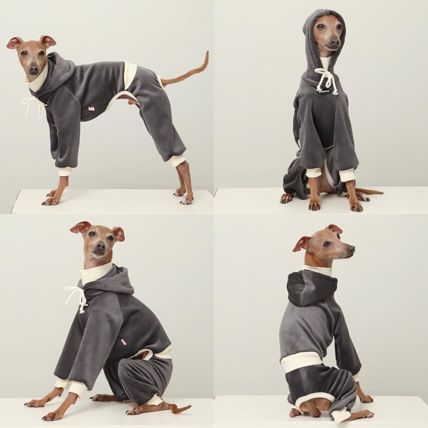 D Doggy Star Italian Greyhound Clothes, Corduroy Velvet Hooded Jumpsuit, Stretchy and Cozy (3XL,Hoodie Charcoal)