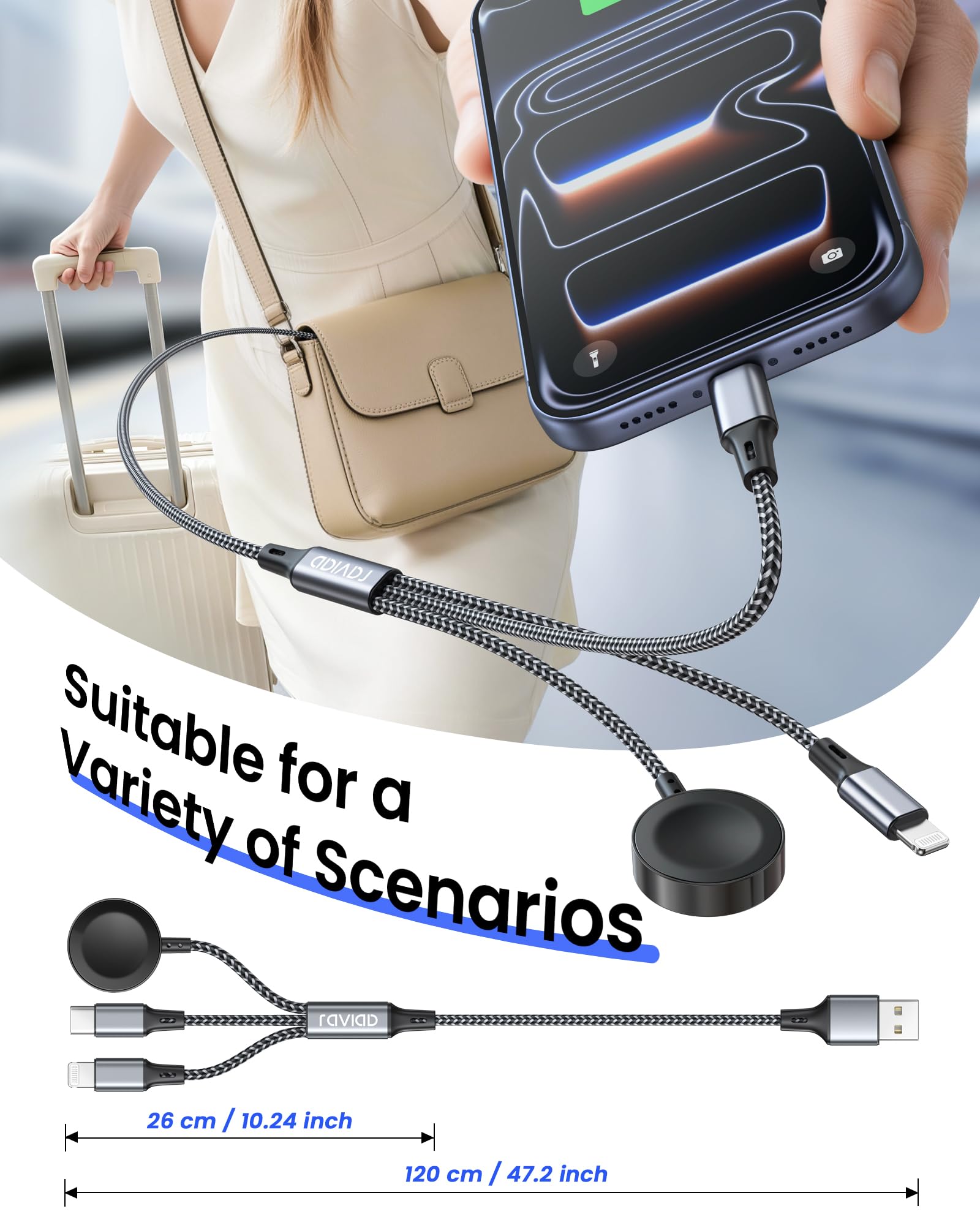 RAVIAD 3 in 1 Caricatore Apple Watch, 1.2M Cavo USB Multiplo con Caricabatterie per Apple Watch, USB C, Lightning per iWatch Ultra/SE/11/10/9/8/7/6/5/4/3/2/1, iPhone 17/16/15/14/13/12, Galaxy S25/S24