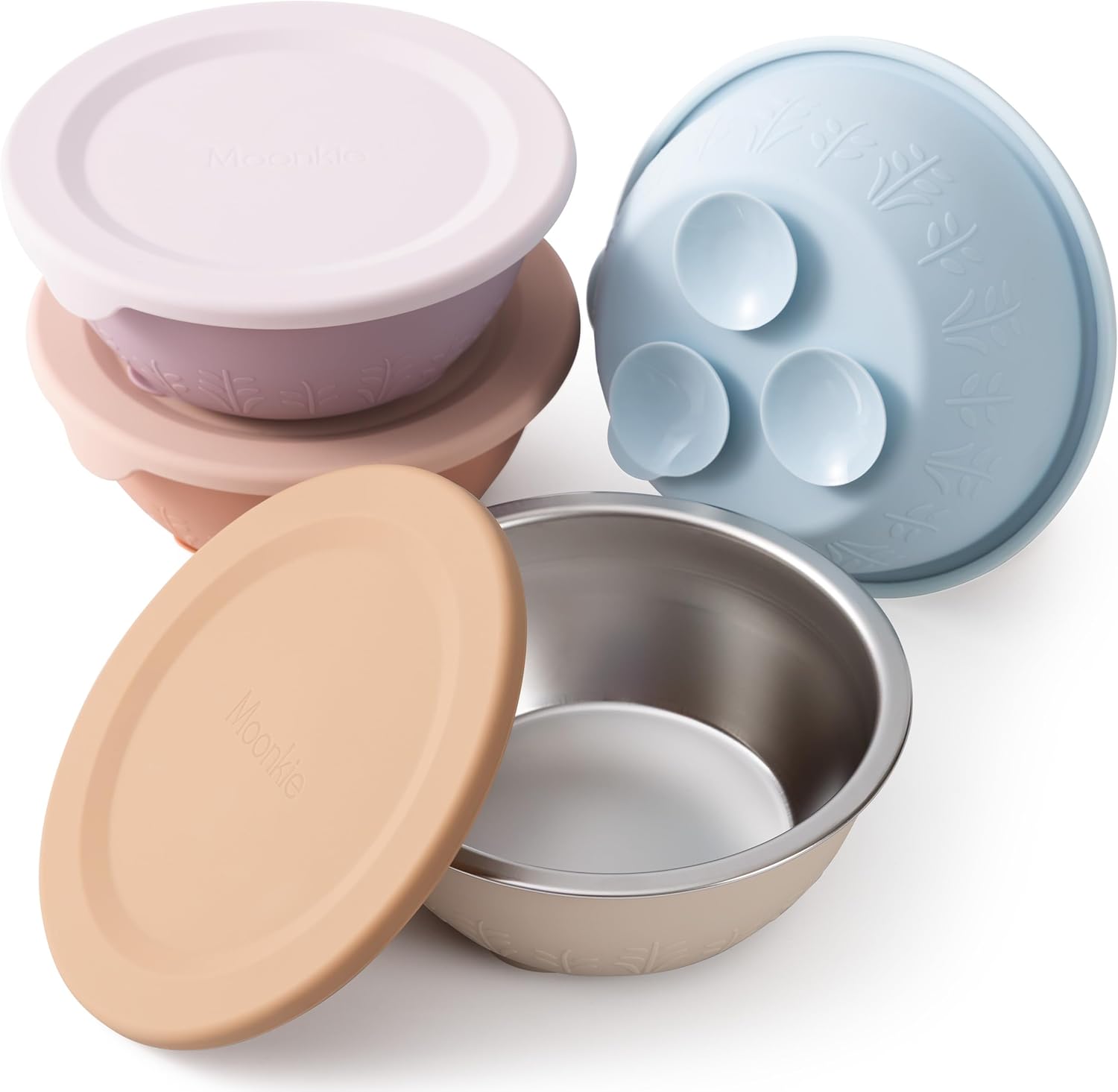 Moonkie Baby Bowls with Suction, Stainless Steel & Silicone Toddler Bowls with Lids, Seamless One-Piece Design Silicone Bowls for Babies 4 Months+, 13oz, BPA-Free, Lead-Free, Dishwasher Safe, 4 Pack