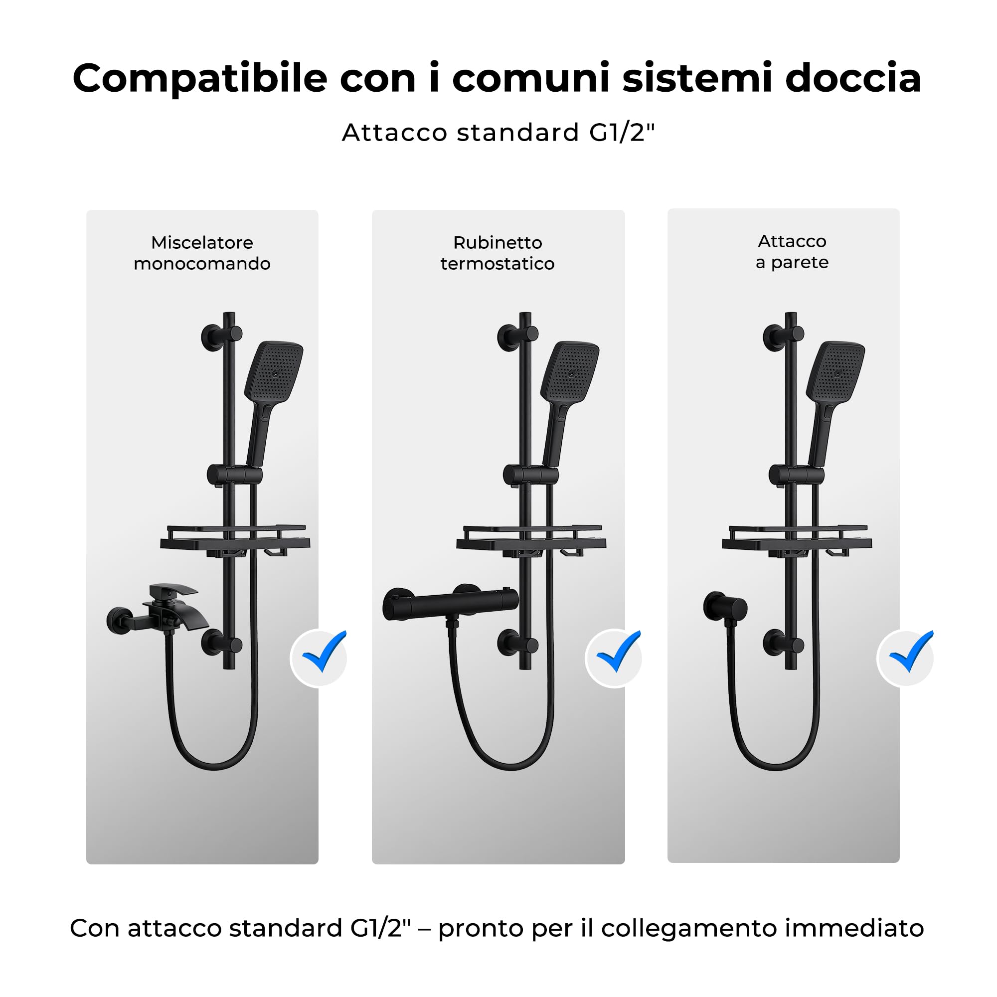 JOHO Colonna Doccia Senza Miscelatore, Asta Doccia Acciaio Inox 70 cm con Supporto Soffione Regolabile, Saliscendi Doccia Adattarsi ai Fori Esistenti con Doccetta 3 Geti e Mensola, Nero