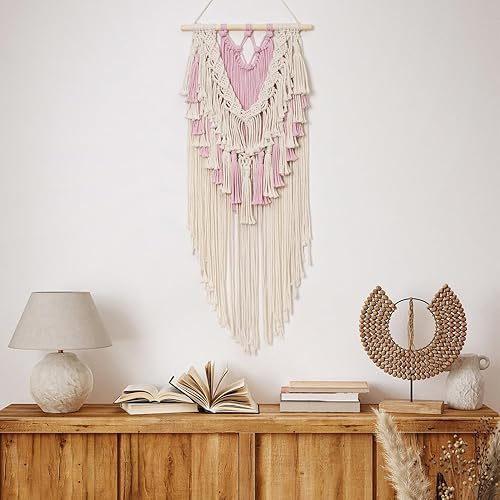Miniatura 8 de LB Tapiz tejido de macramé rosa para colgar en la pared, tapiz tejido bohemio, hojas de borlas blancas y rosas, decoración de pared bohemia elegante