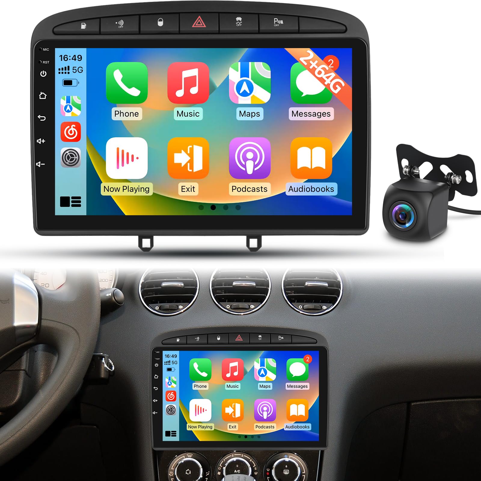 Autoradio Android pour Peugeot 308 408 2007–2015, CarPlay Android Auto sans Fil, Écran Tactile 1080P, DSP GPS WiFi, 2+64G Plug & Play Upgrade Radio avec caméra de recul
