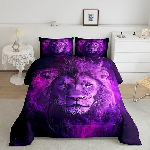 Manfei Lion Bedding Set King Size Purple Misty Comforter Boys Girls Bedroom Deco
